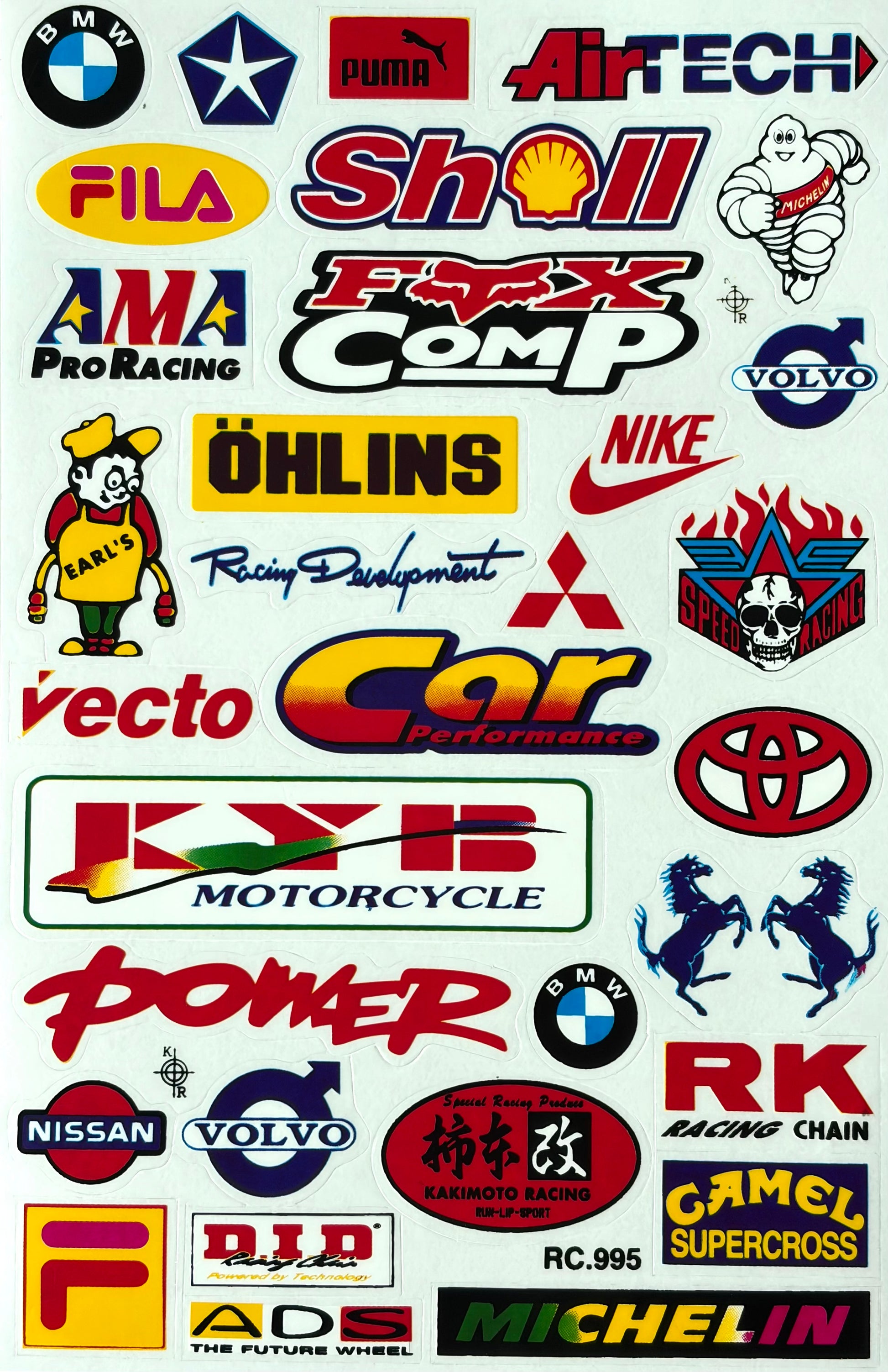 BMW Shell Michelin Nike Toyota Nissan Volvo Ohlins KYB Multi Brand Car Sticker Sheet RC.995