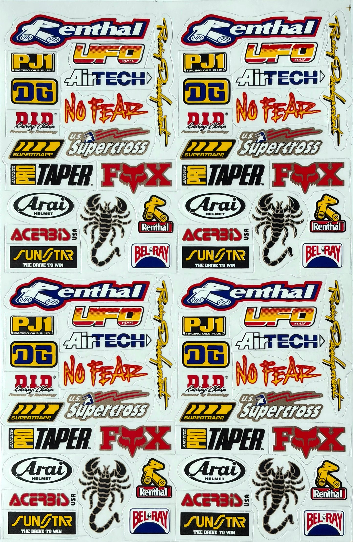Renthal Fox Racing Arai Acerbis No Fear Bel-Ray Sunstar Motocross Sticker Sheet 4x Set
