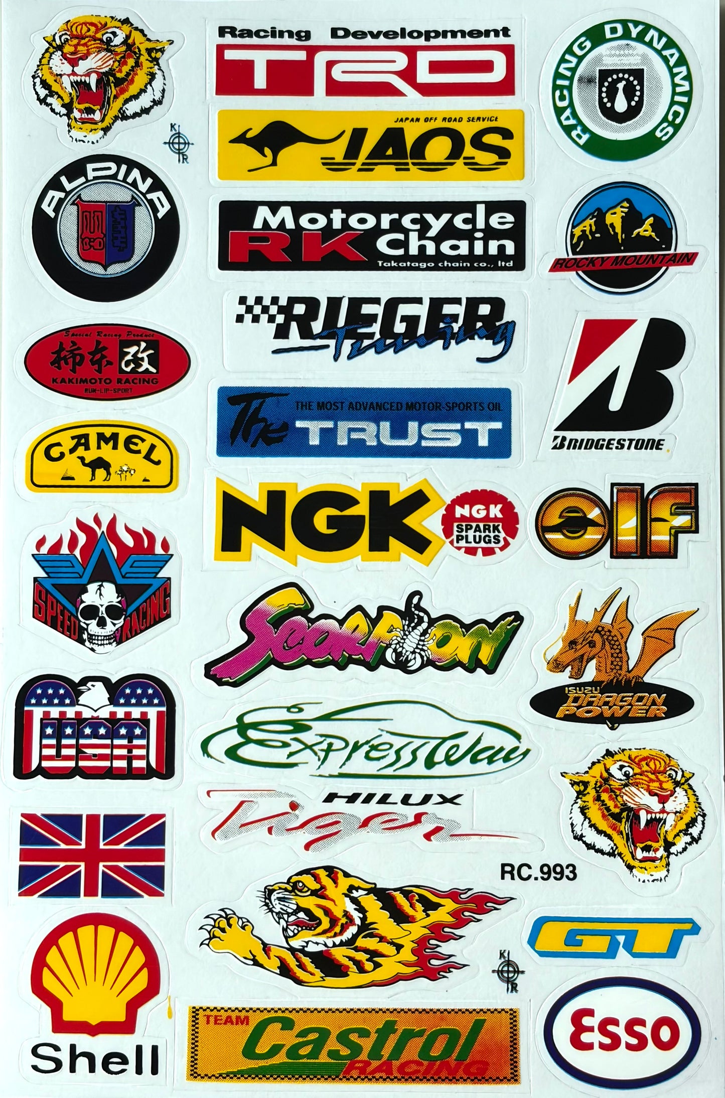 TRD JAOS NGK Bridgestone Shell Castrol Esso Isuzu Dragon Power Hilux Tiger Multi Brand Sticker Sheet RC.993