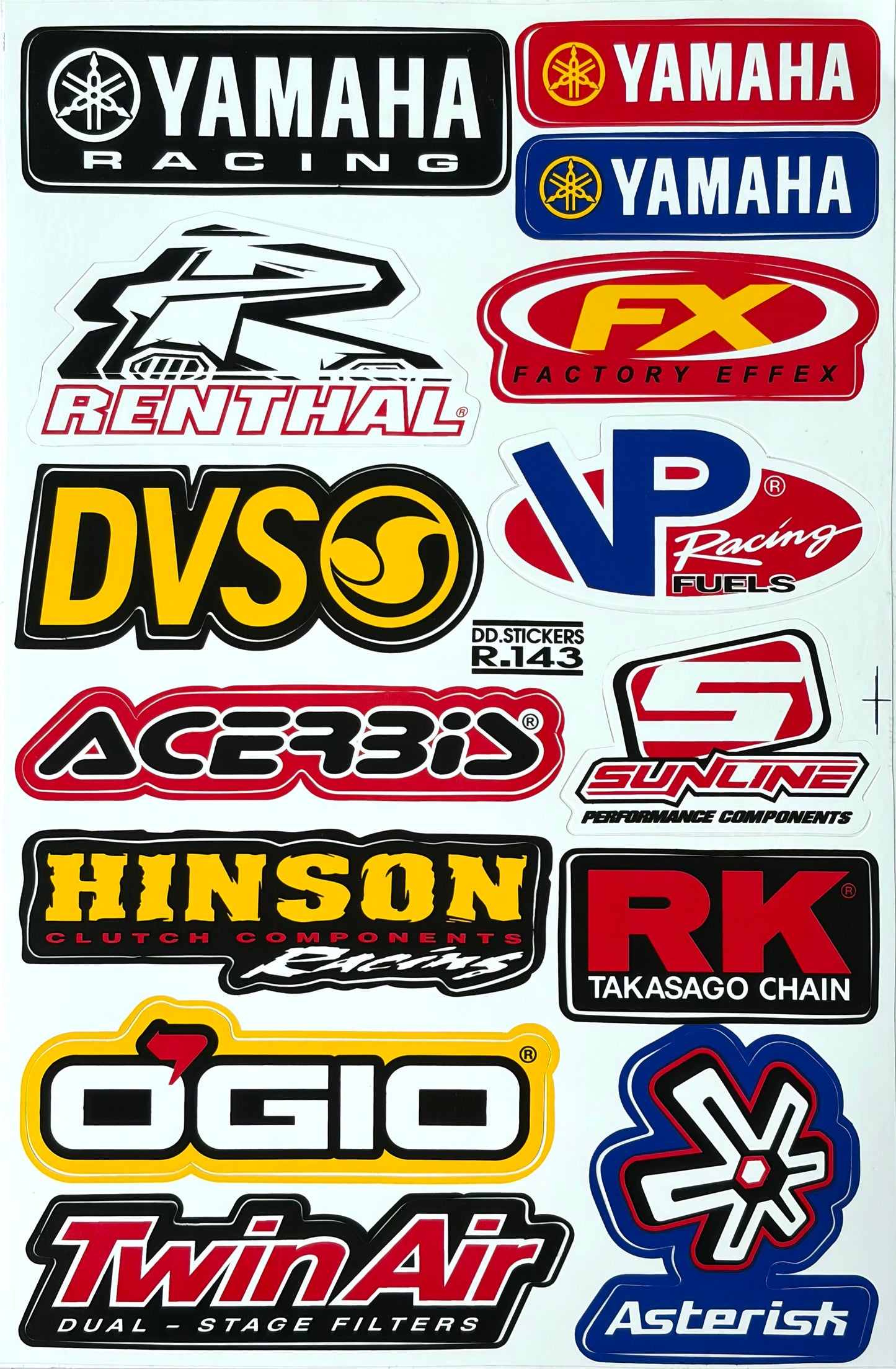 Yamaha Racing Renthal Factory Effex DVS VP Racing Acerbis Hinson RK OGIO Twin Air Sticker Sheet R.143