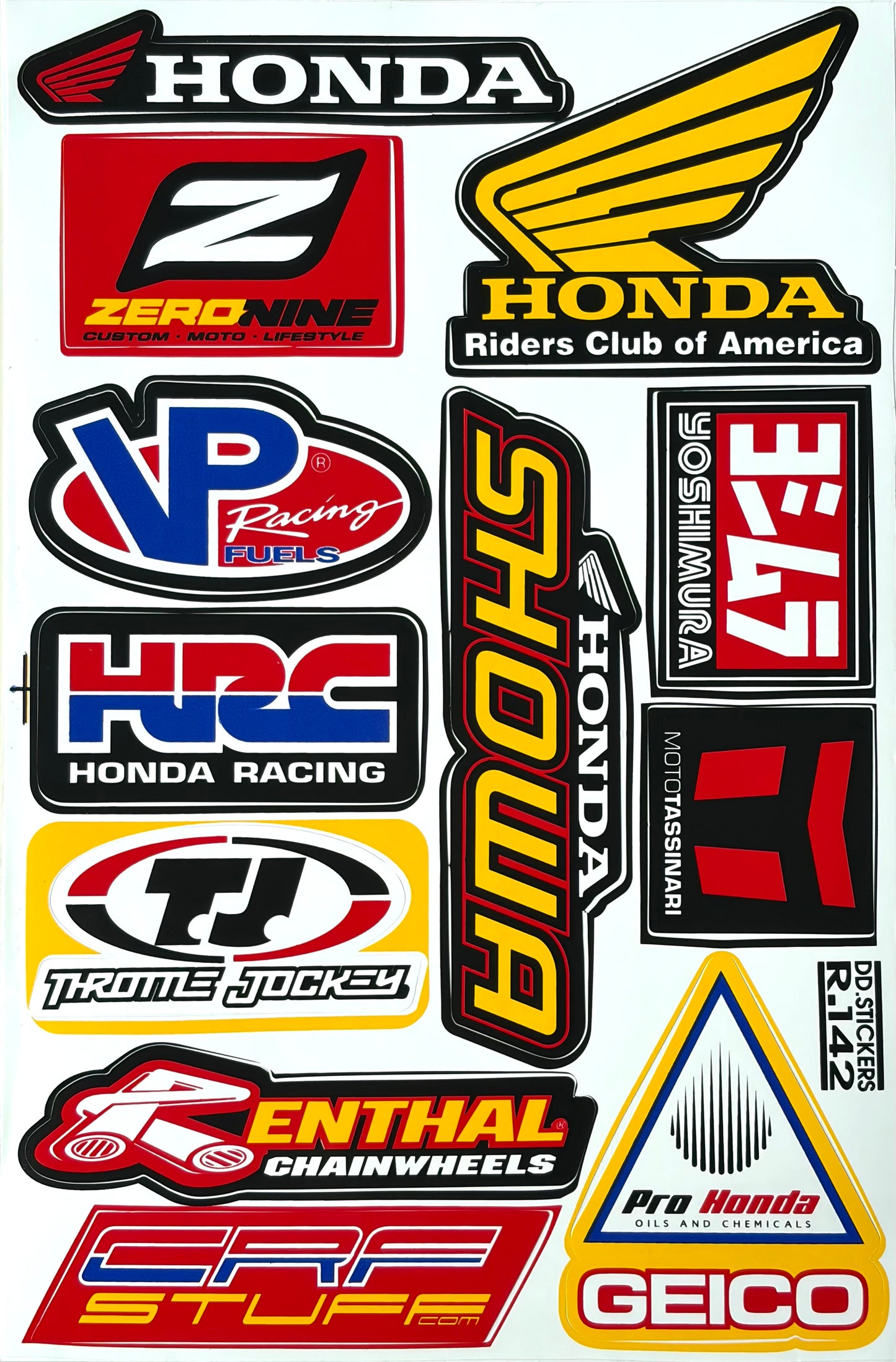 Honda HRC Showa Yoshimura VP Racing Renthal GEICO Zero Nine Sticker Sheet Red Yellow R.142