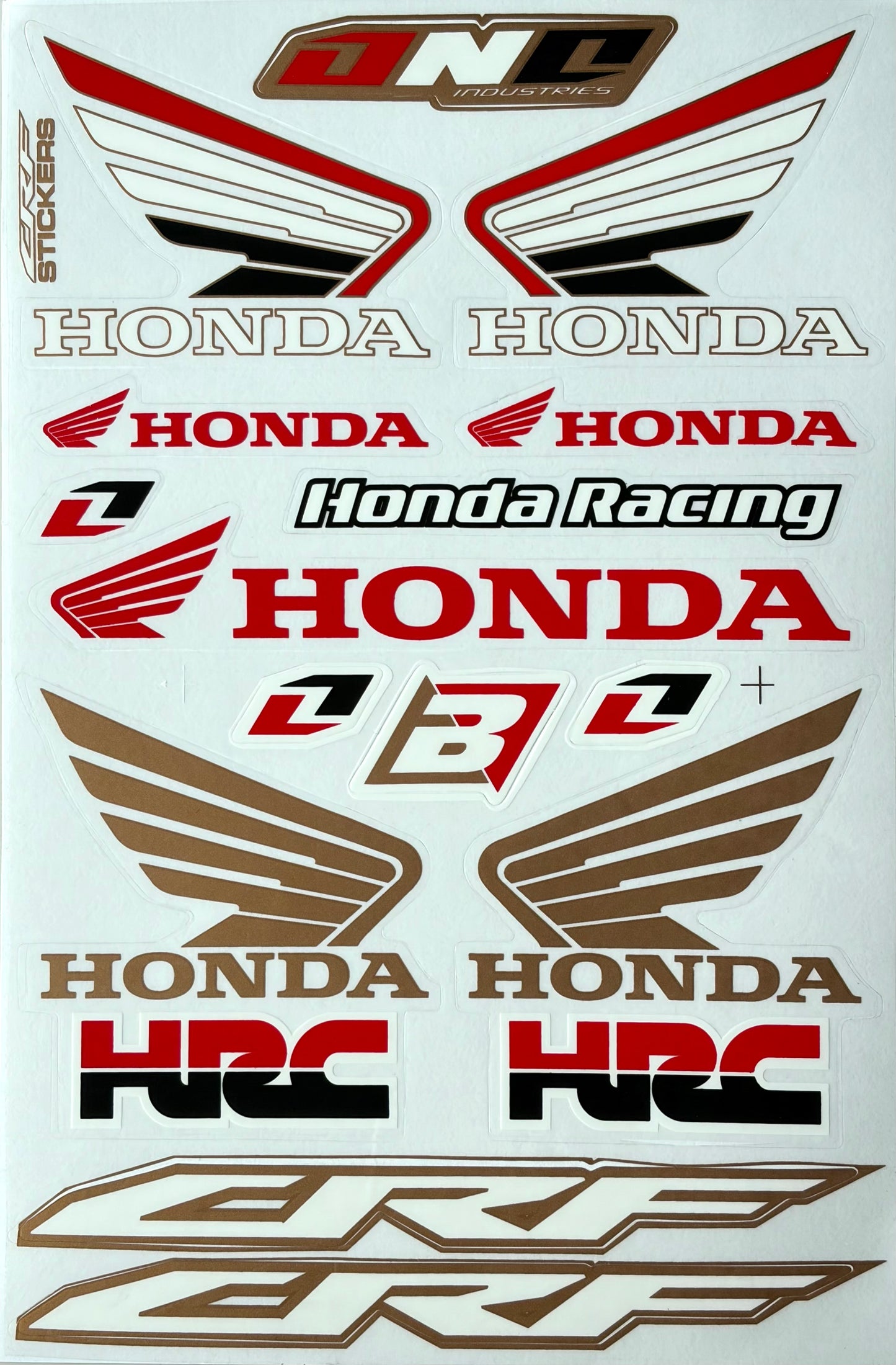 Honda HRC CRF One Industries Wing Logo Sticker Sheet Red Gold Black 20+ Stickers