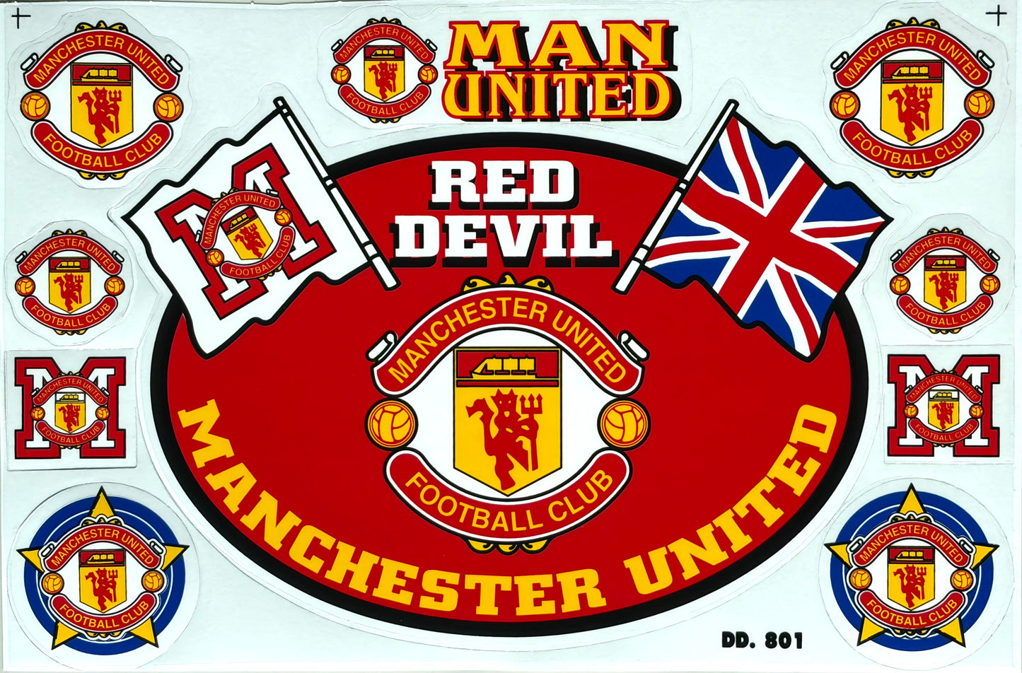 Manchester United Red Devil Football Club Sticker Sheet Red Gold Union Jack 12 Stickers DD.801