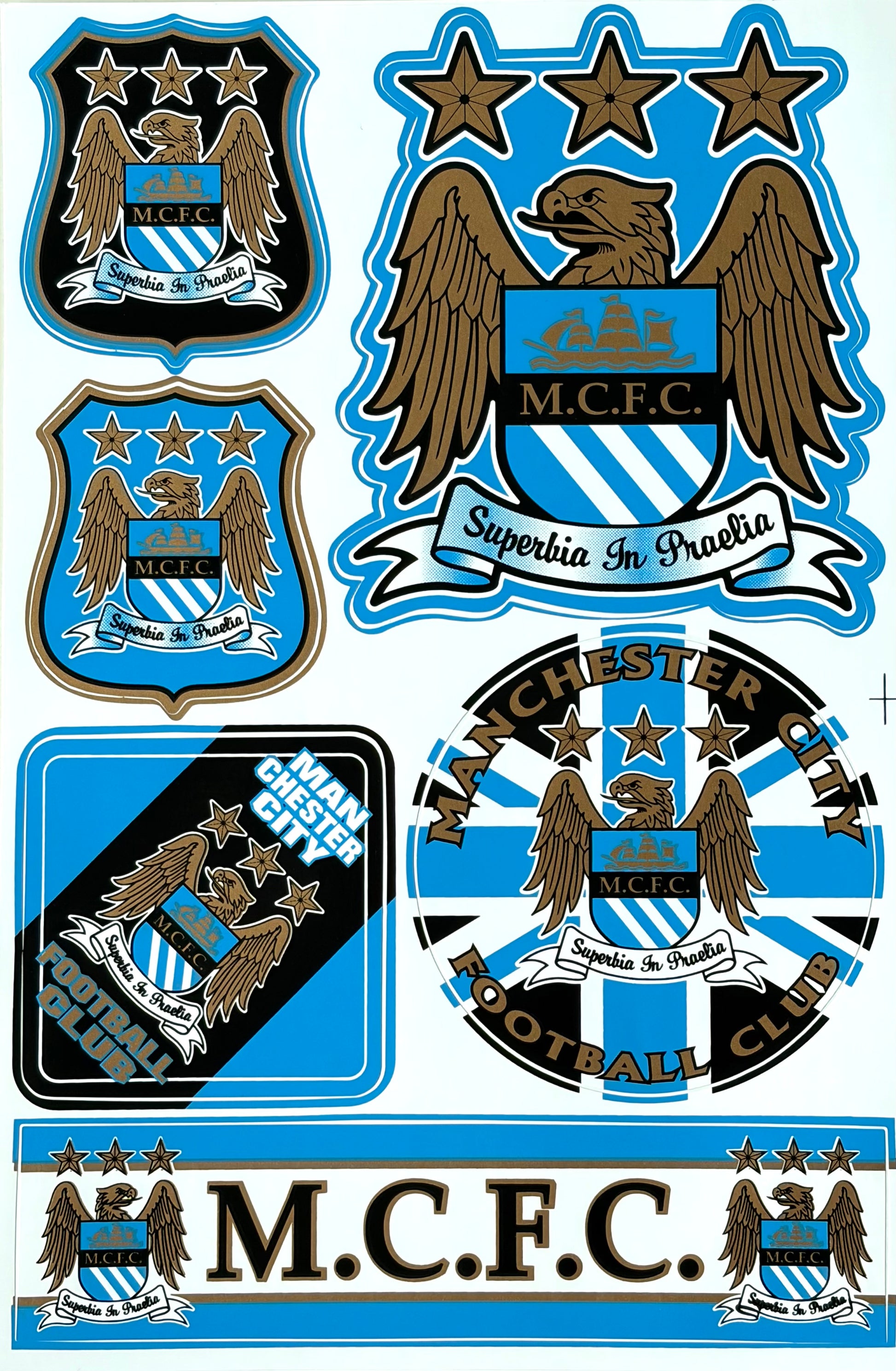 Manchester City MCFC Crest Sticker Sheet Sky Blue Gold Black 6 Stickers