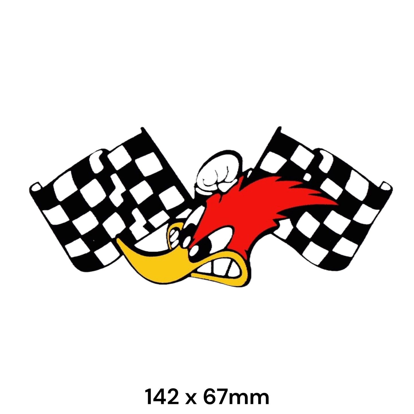 Woody Woodpecker Checkered Flag Sticker | Retro Racing Car Motorcycle Decal