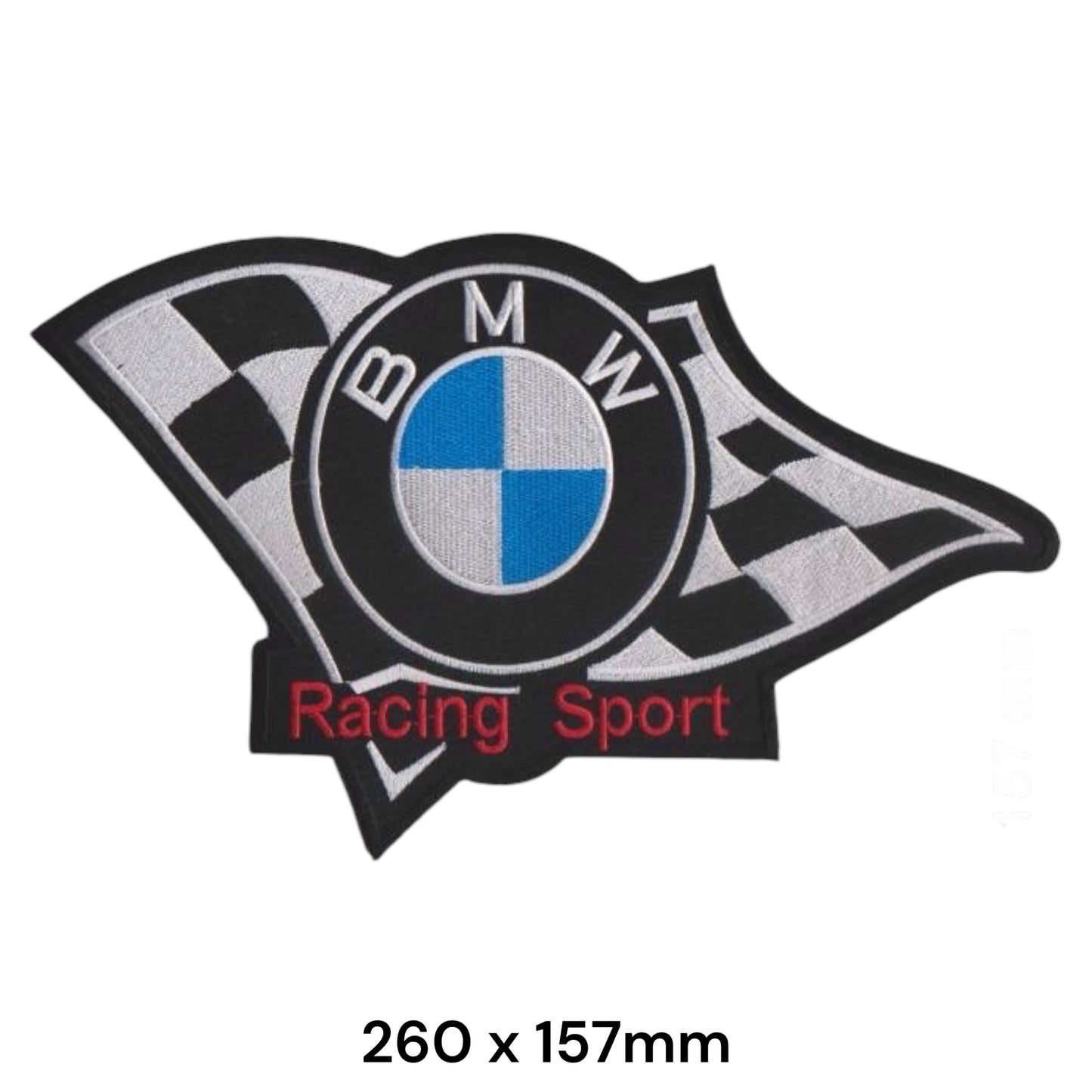 BMW Racing Sport XXL Back Patch Checkered Flag Embroidered 260x157mm Black White Blue Red