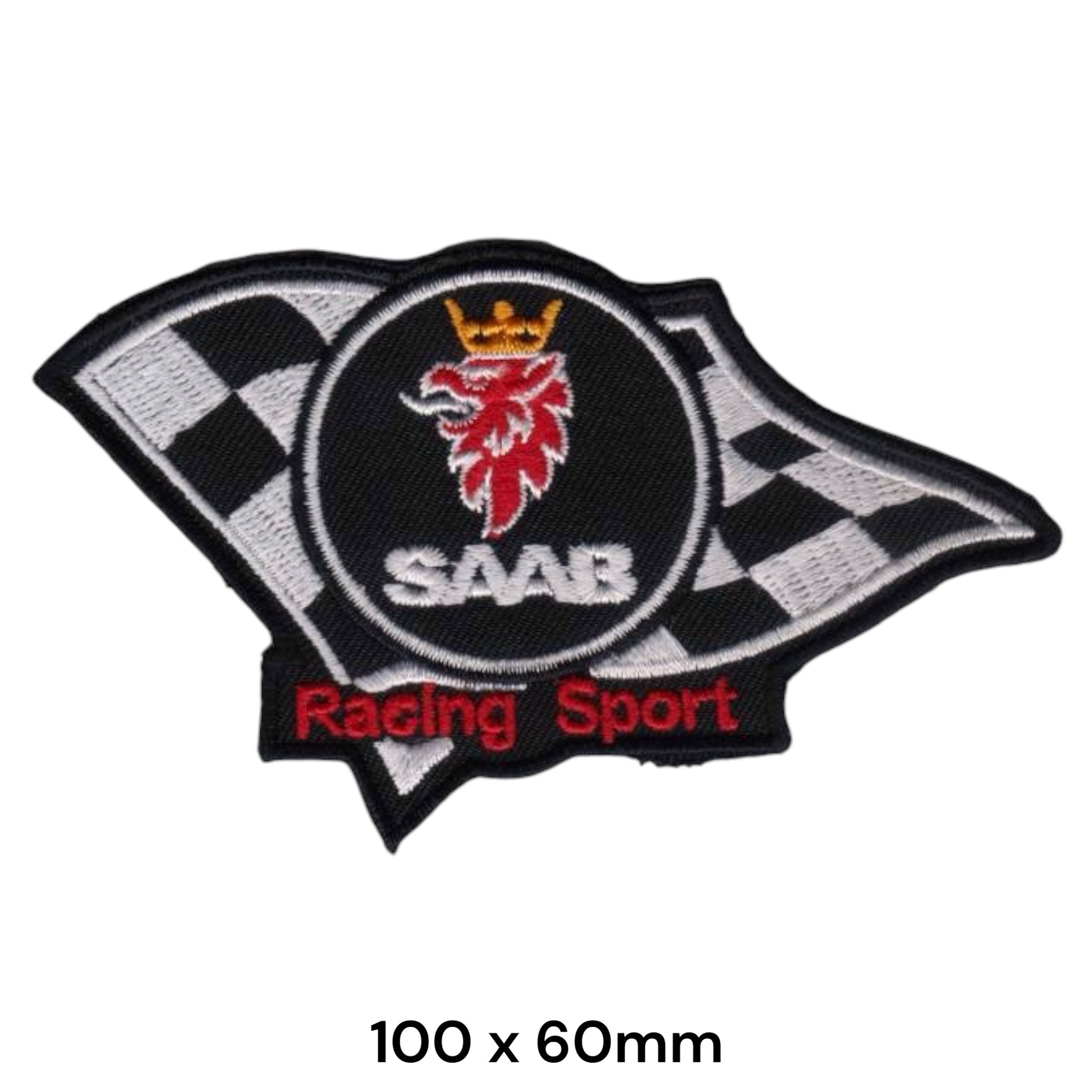 Saab Racing Sport Griffin Crown Checkered Flag Embroidered Patch 100x60mm Black White Red Gold