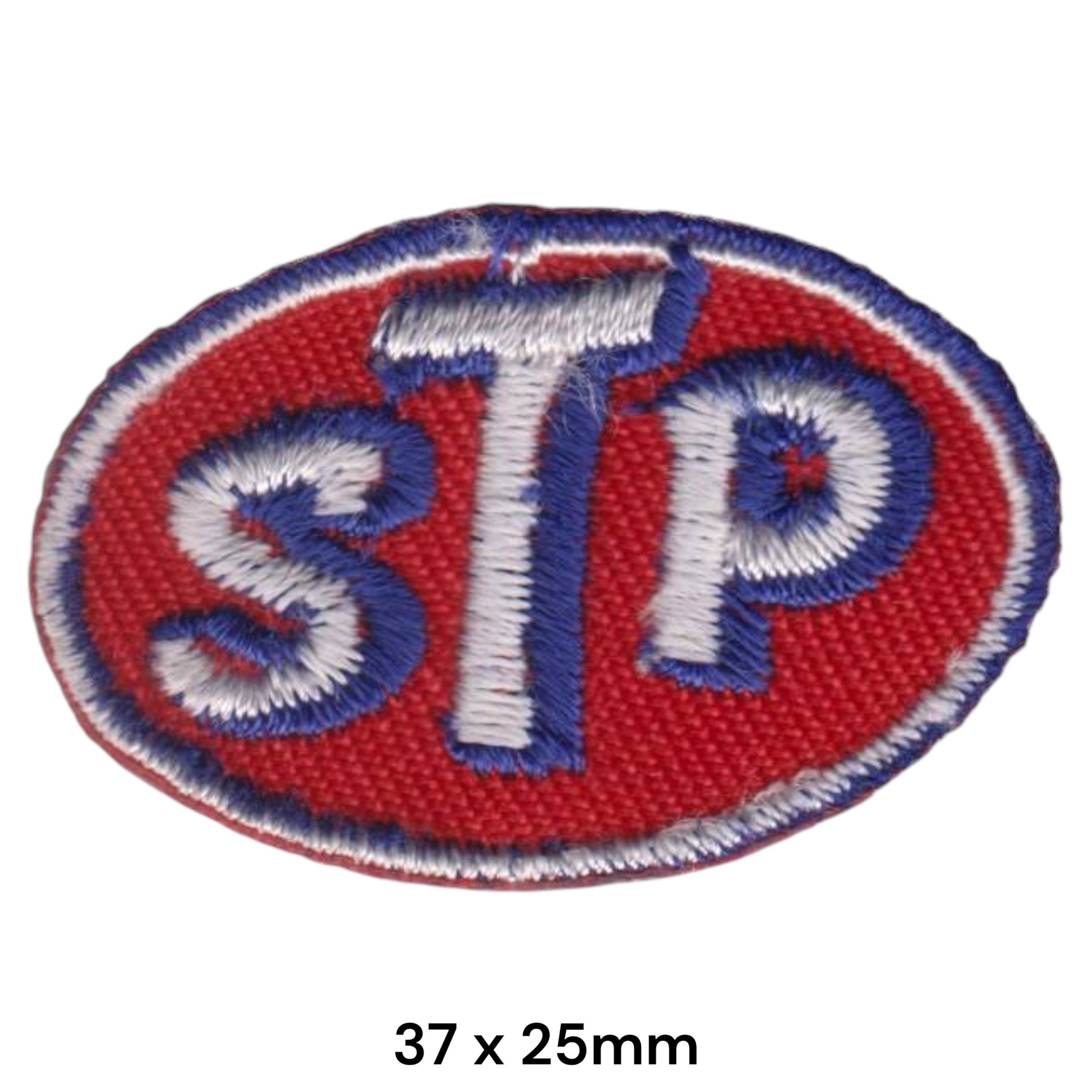 STP Oil Treatment Oval Embroidered Patch Iron-On Sew-On 37x25mm Red White Blue