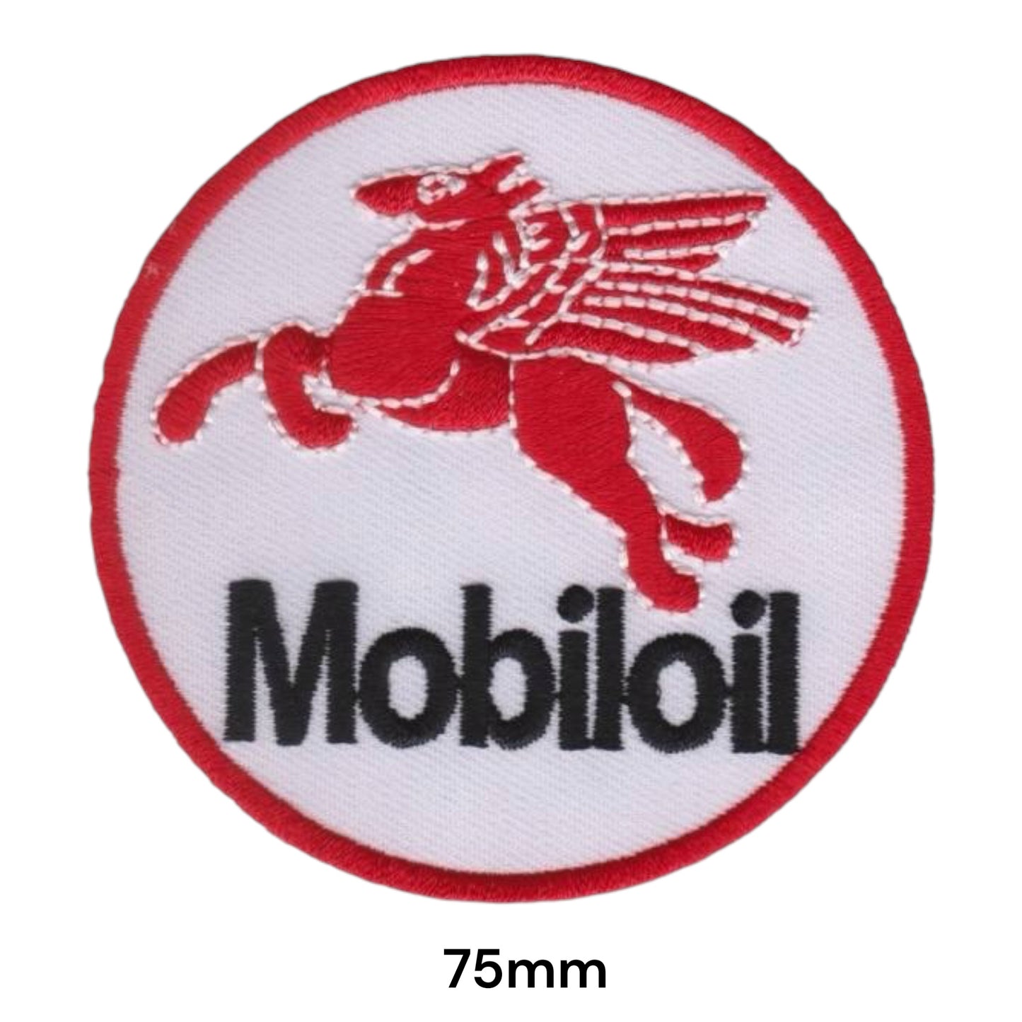 Mobiloil Pegasus Round Embroidered Patch 75mm White Red Black