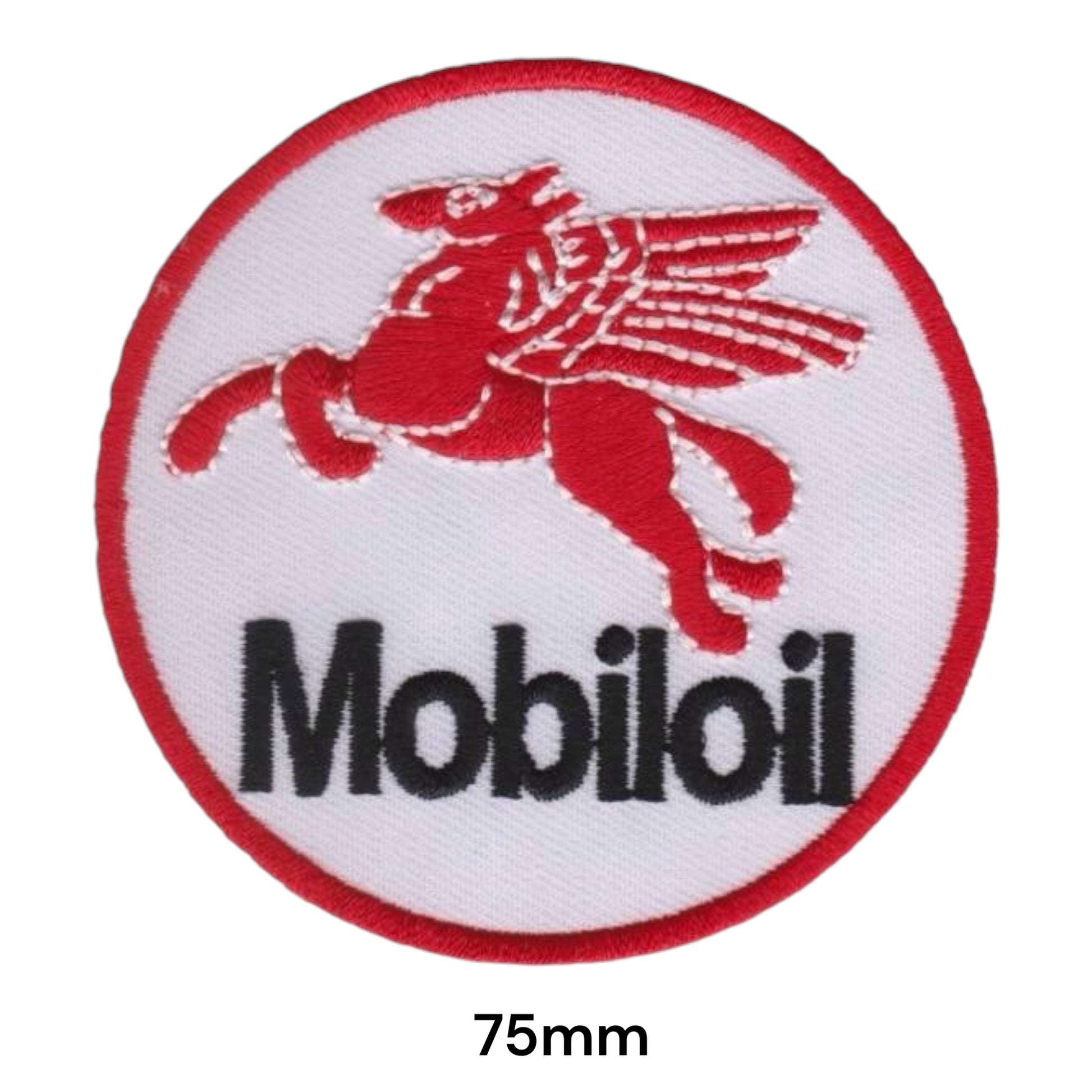 Mobiloil Pegasus Round Embroidered Patch 75mm White Red Black