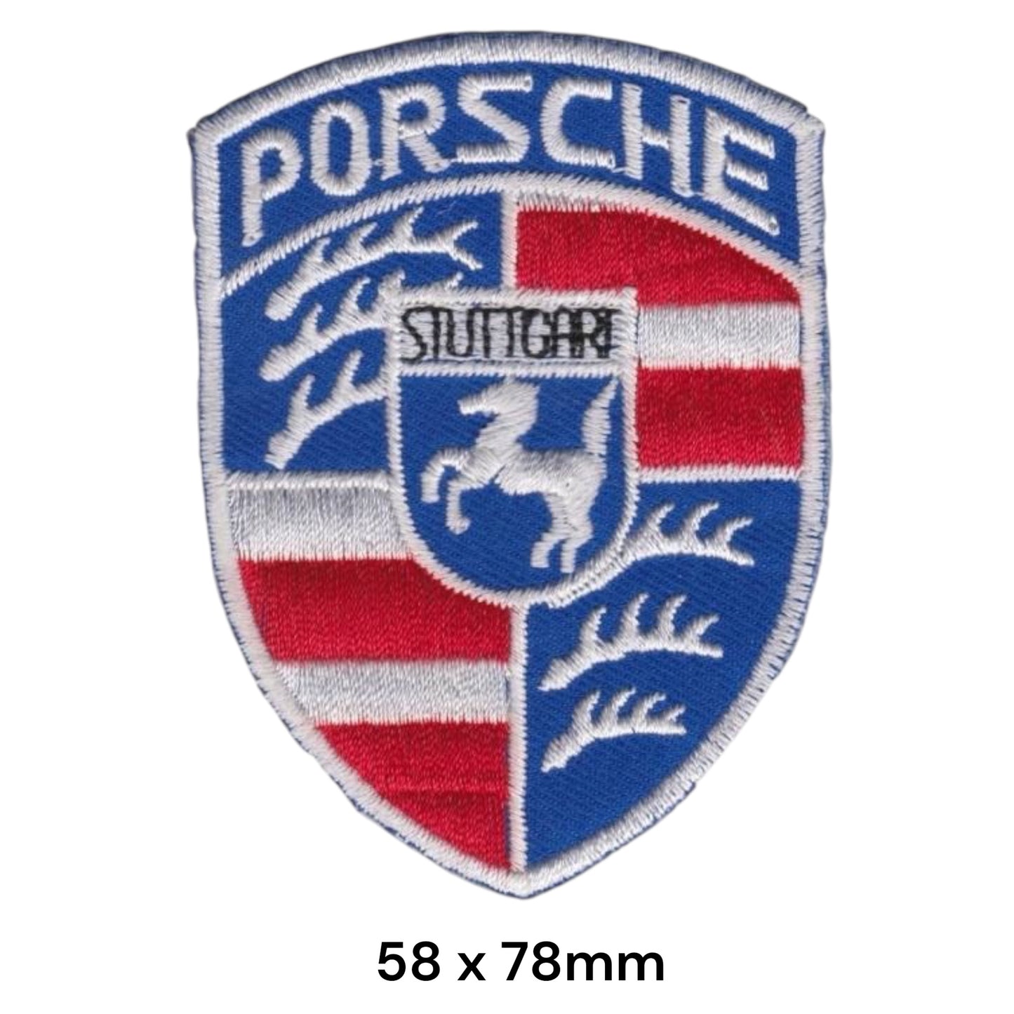 Porsche Stuttgart Crest Shield Embroidered Patch 58x78mm Blue Red White Black