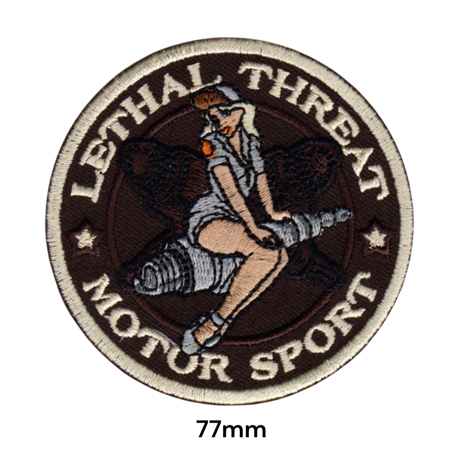 Lethal Threat Motor Sport Pin-Up Round Embroidered Patch Iron-On Sew-On Biker Badge