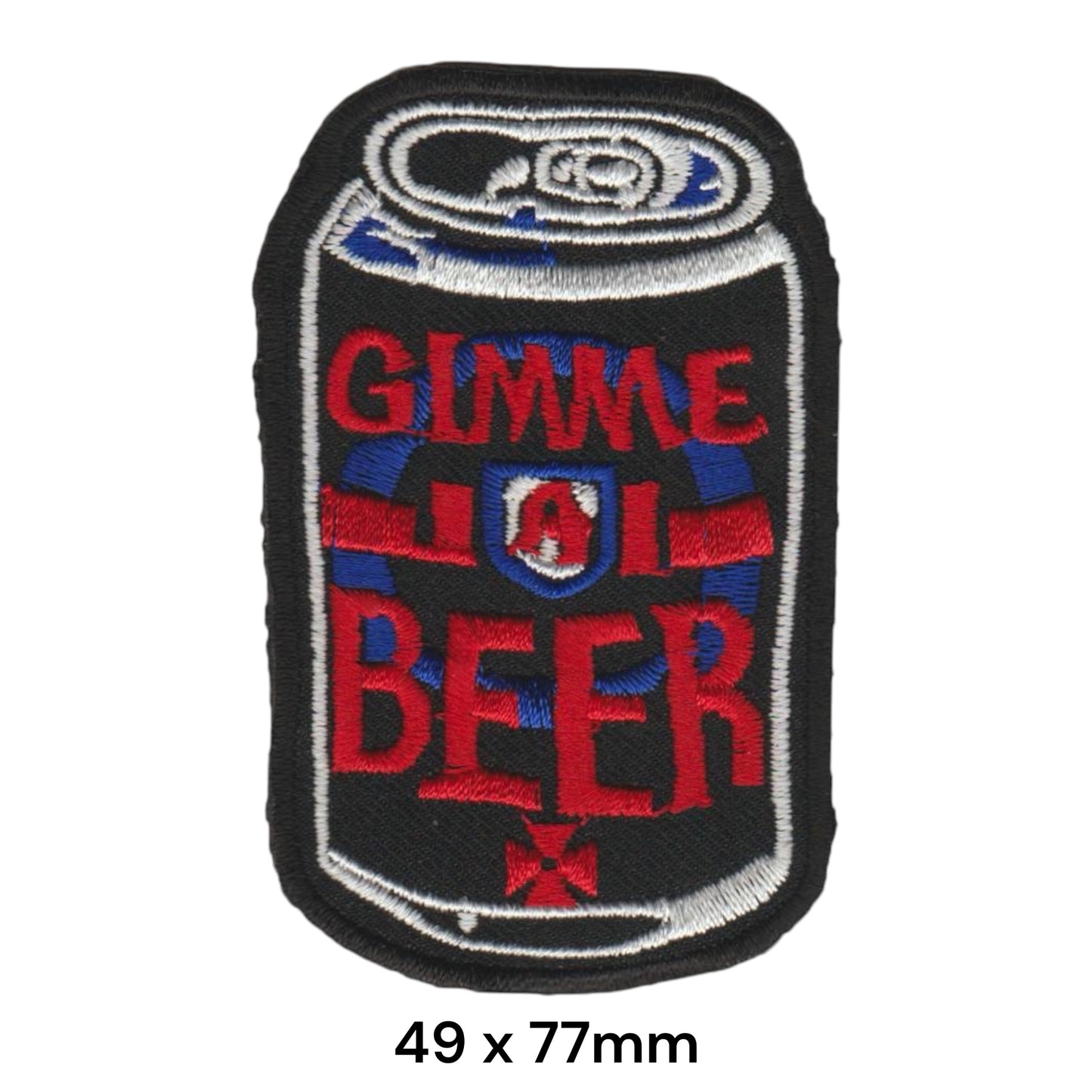 Gimme A Beer Can Embroidered Patch 49x77mm black red blue silver