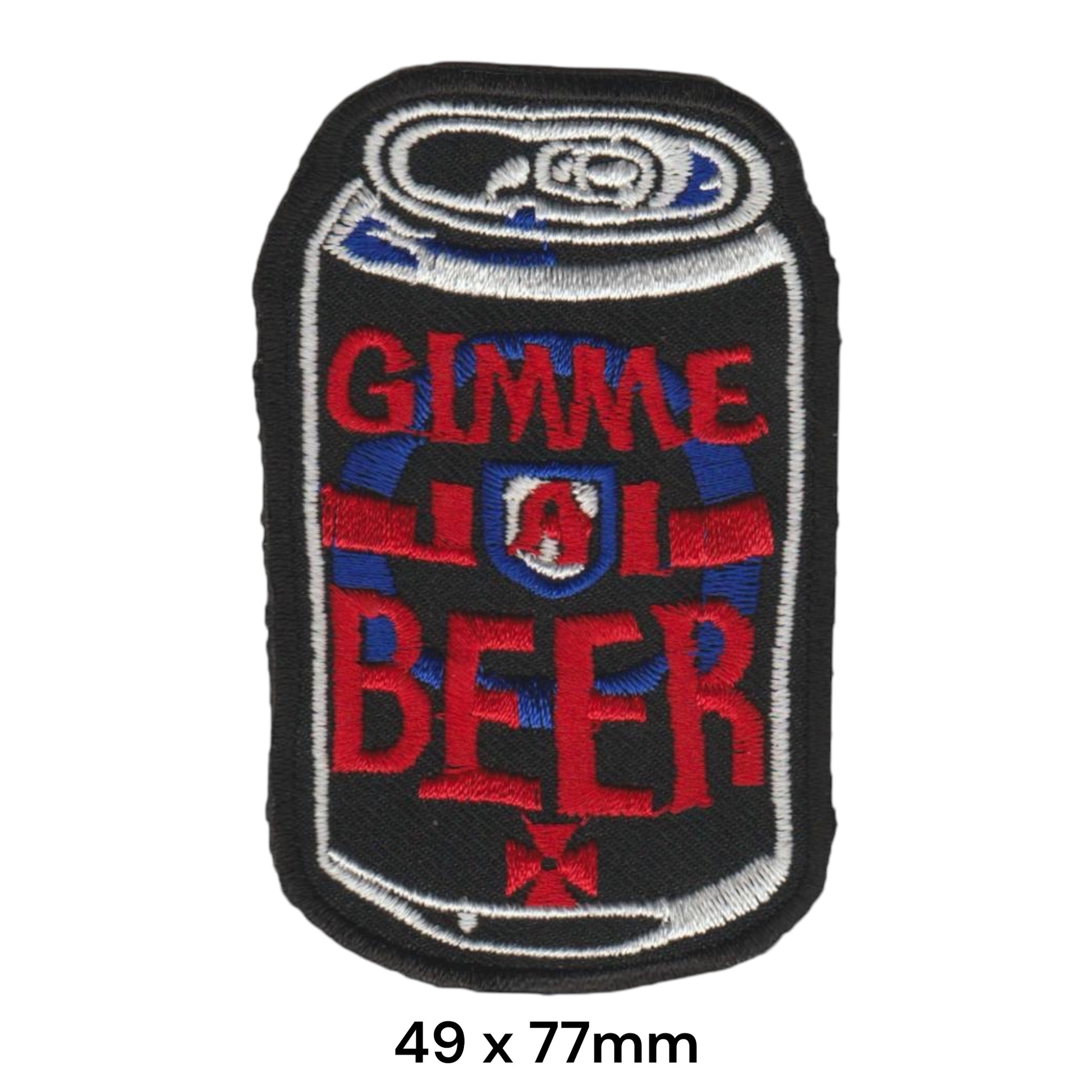 Gimme A Beer Can Embroidered Patch 49x77mm black red blue silver