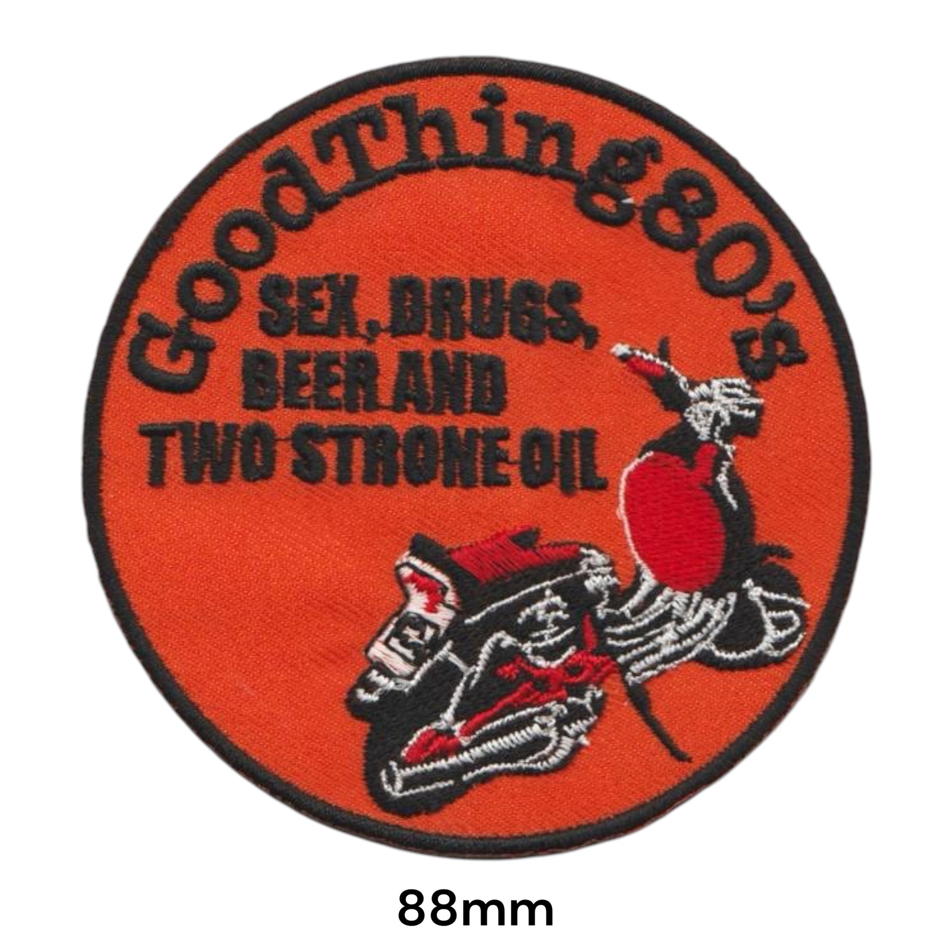 GoodThing80s Sex Drugs Beer Two Stroke Oil Embroidered Patch 88mm orange red black