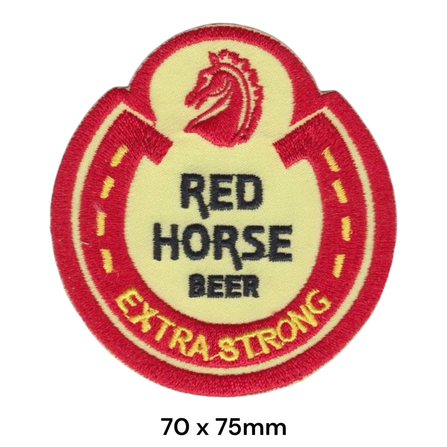 Red Horse Beer Extra Strong Embroidered Patch 70x75mm red cream gold black