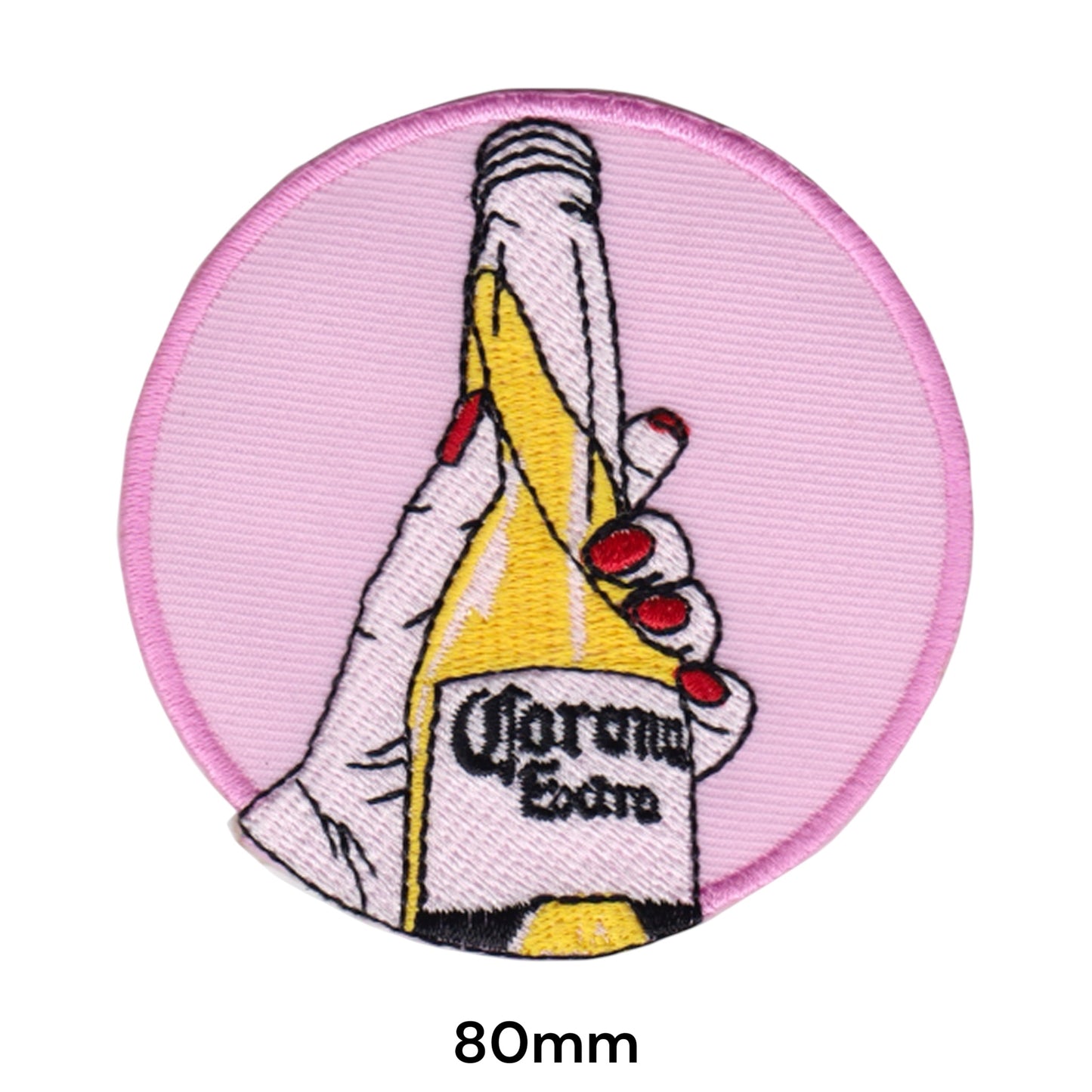 Corona Extra Bottle Hand Pink Embroidered Patch 80mm round pink white yellow red