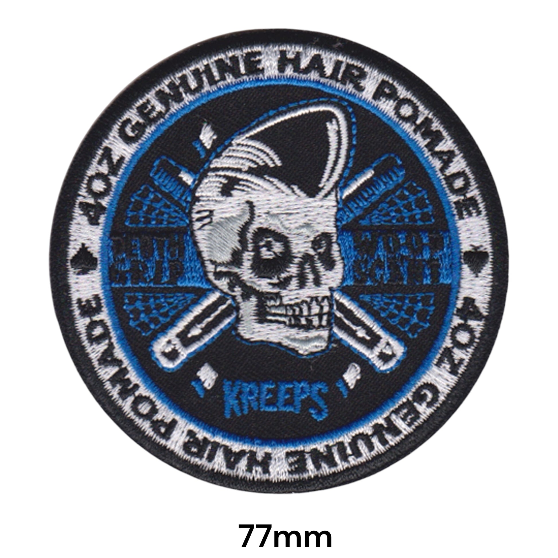 Kreeps Genuine Hair Pomade Blue Embroidered Patch 77mm round black blue white grey