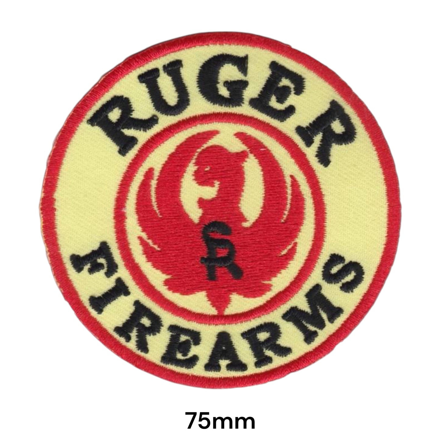 Ruger Firearms Round Embroidered Patch 75mm cream red black phoenix logo
