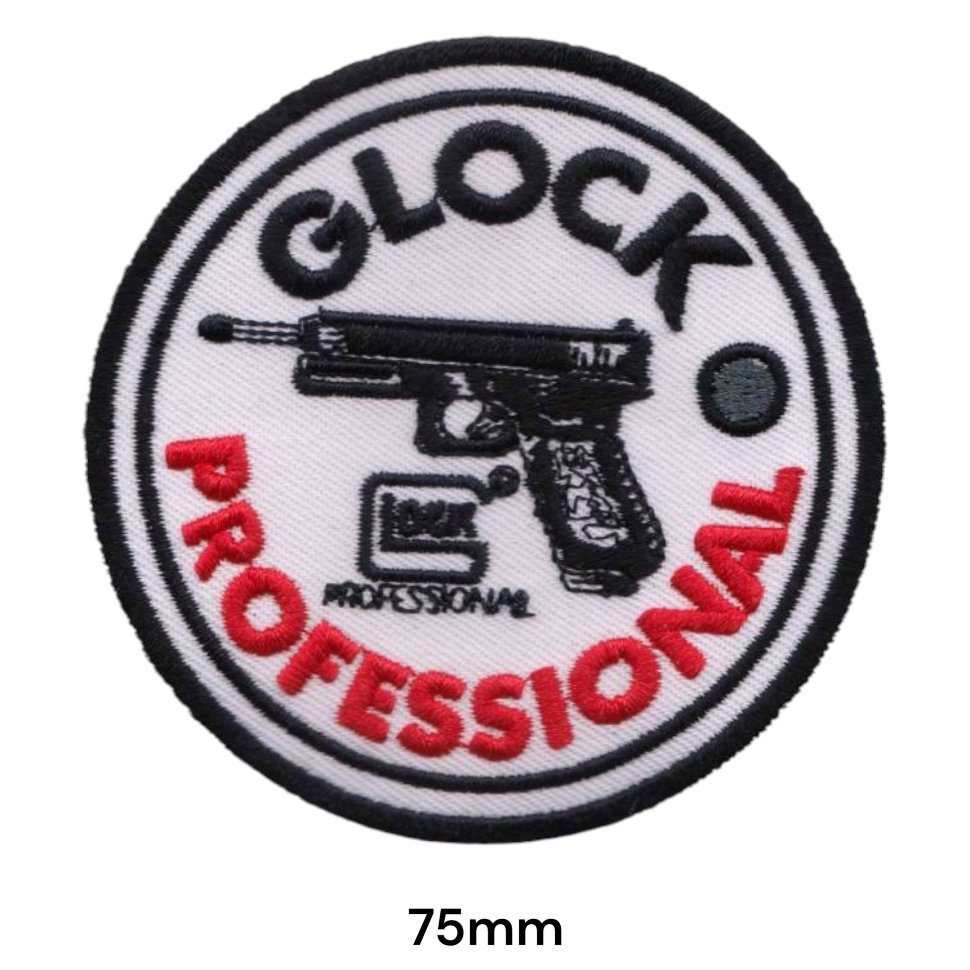 Glock Professional Round Embroidered Patch 75mm white black red