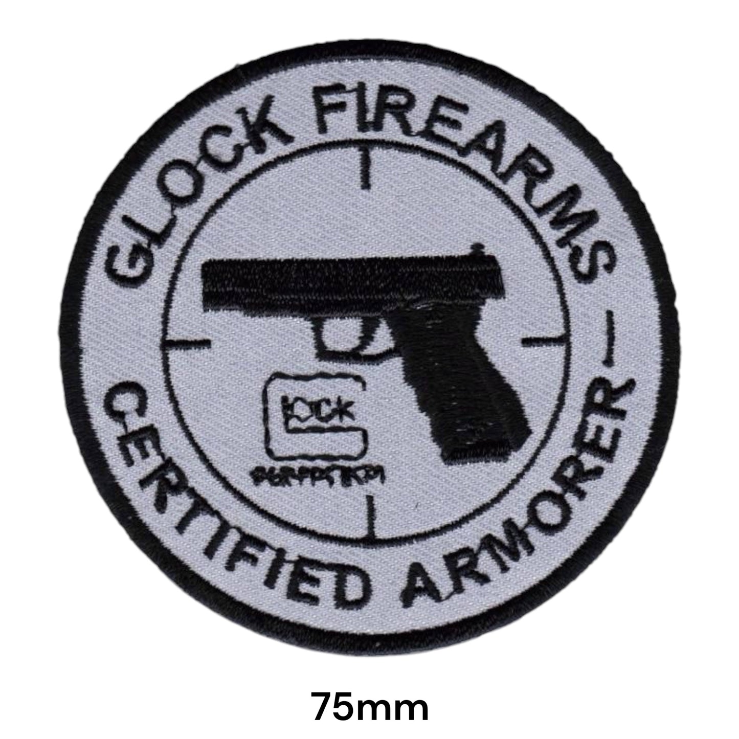 Glock Firearms Certified Armorer Round Embroidered Patch 75mm grey black