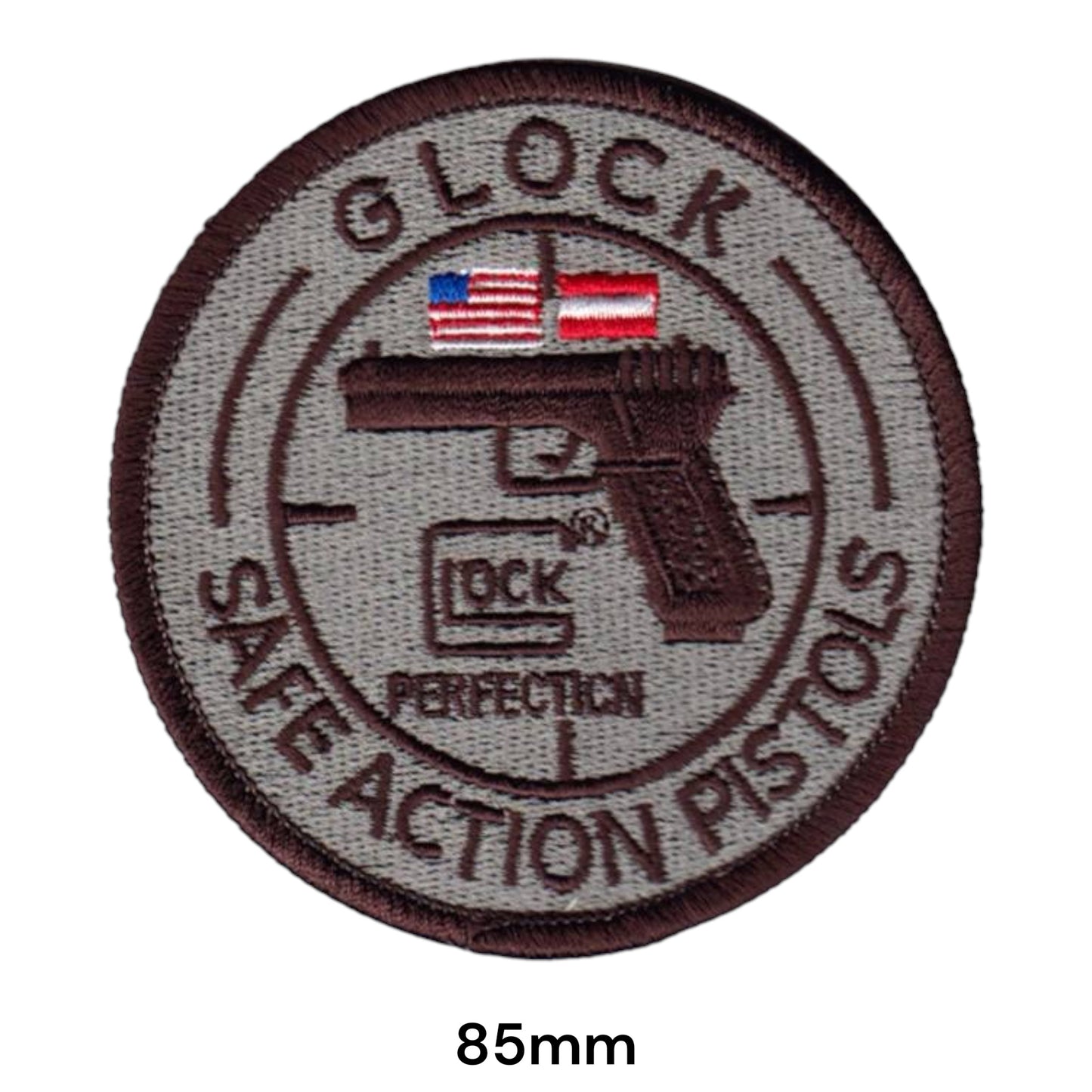 Glock Safe Action Pistols Perfection Embroidered Patch 85mm round grey sand brown