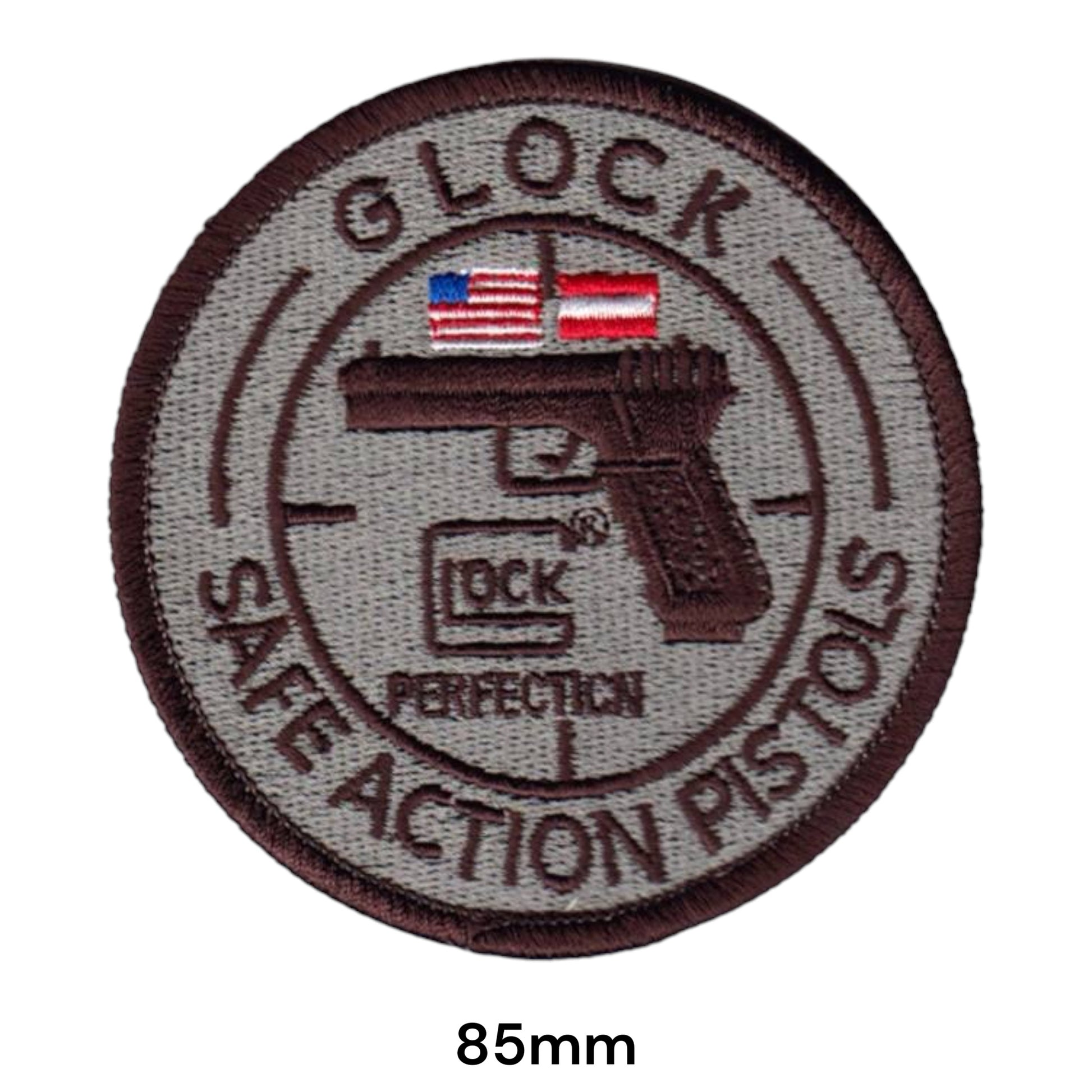 Glock Safe Action Pistols Perfection Embroidered Patch 85mm round grey sand brown