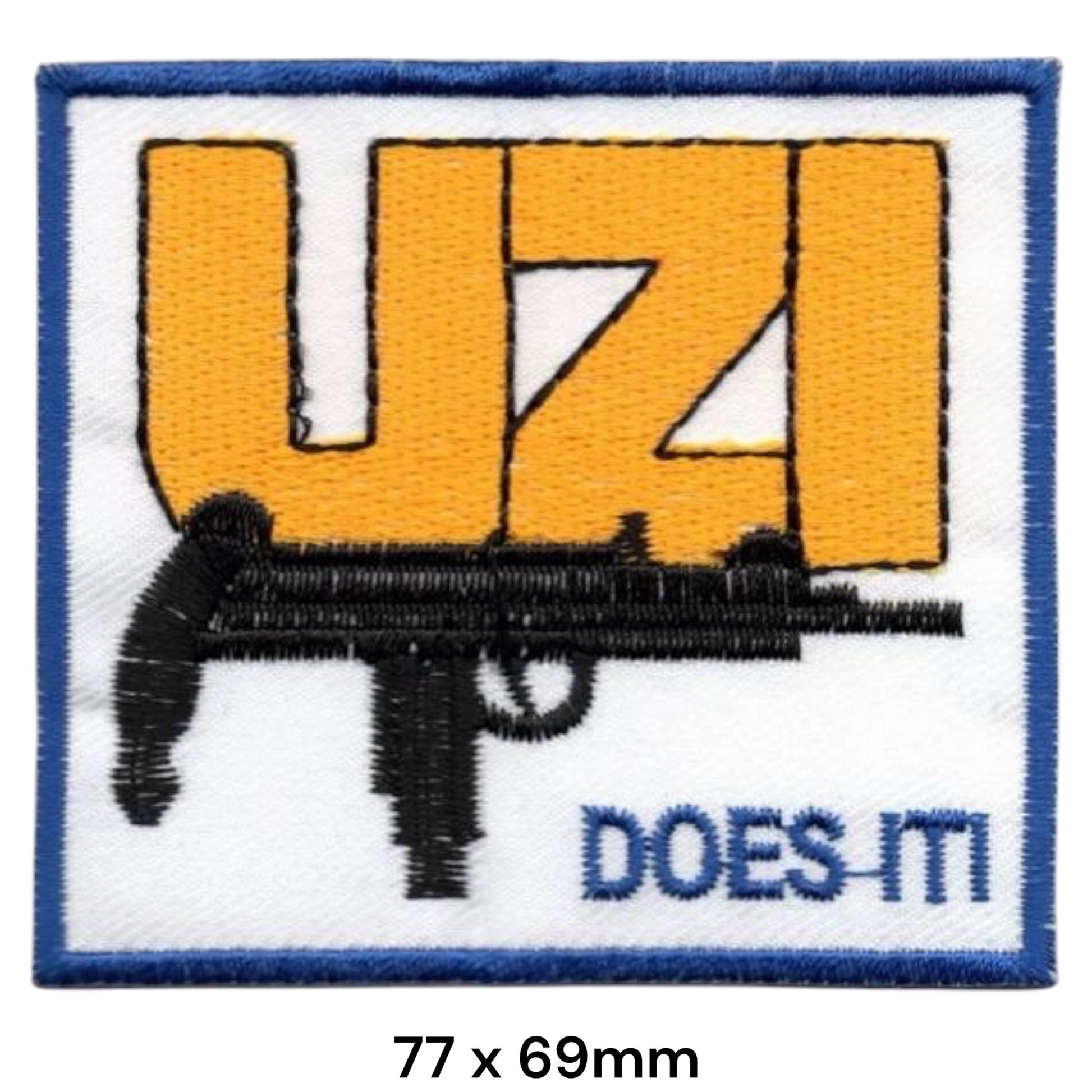 Uzi Does It Submachine Gun Embroidered Patch 77x69mm white orange blue black