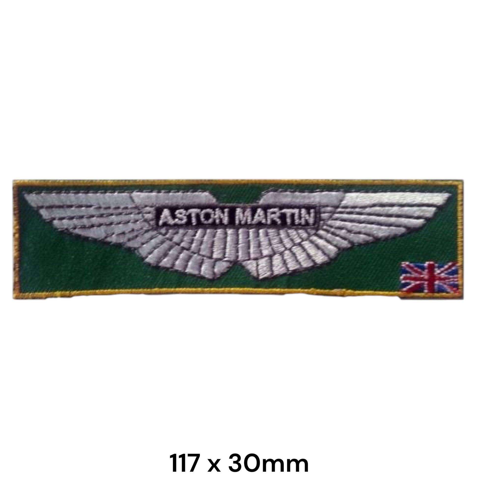 Aston Martin Wings Embroidered Patch 117x30mm – green background with silver wings logo, gold border and Union Jack detail