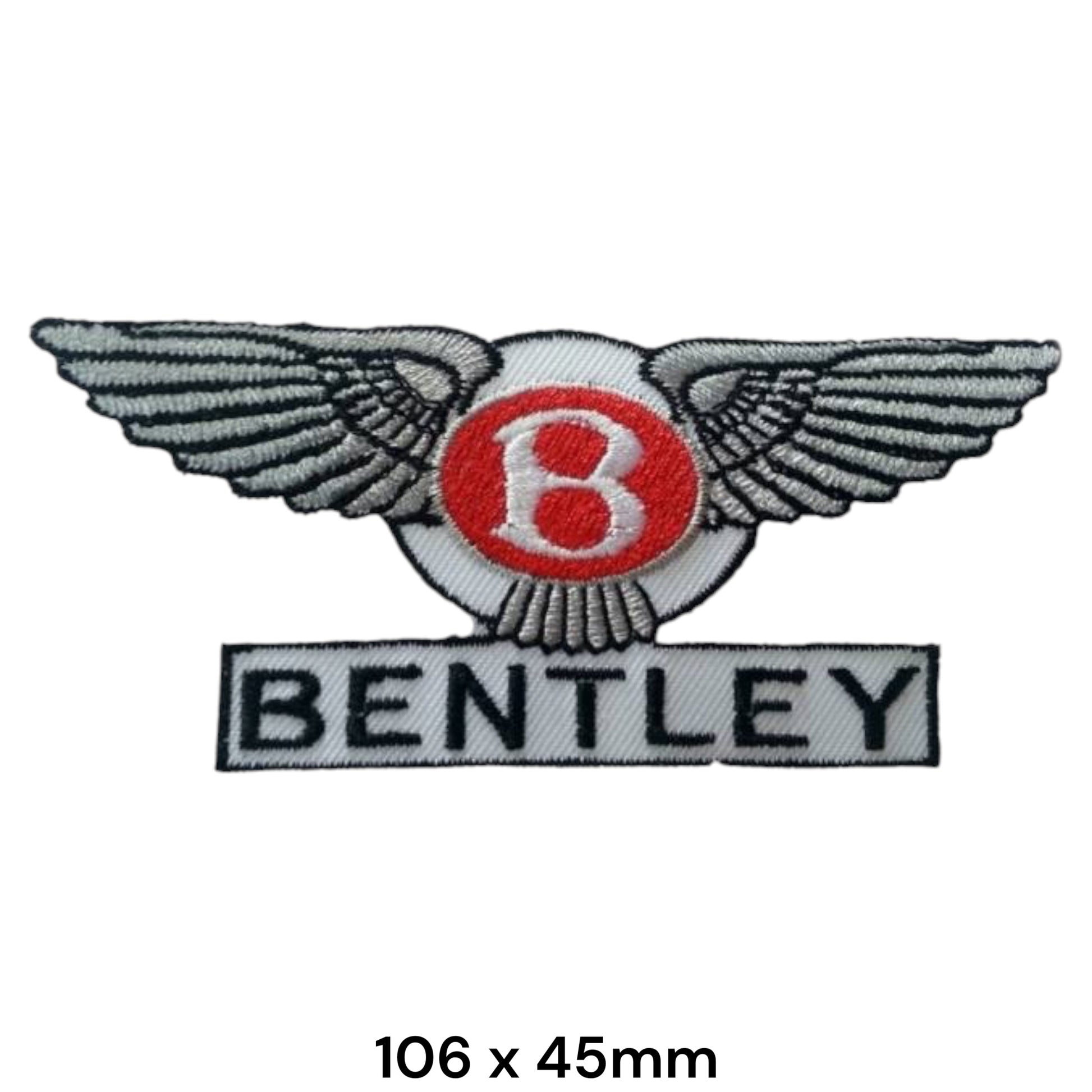 Bentley Wings Logo Embroidered Patch 106x45mm – white background with silver wings, red & white B emblem and black Bentley lettering