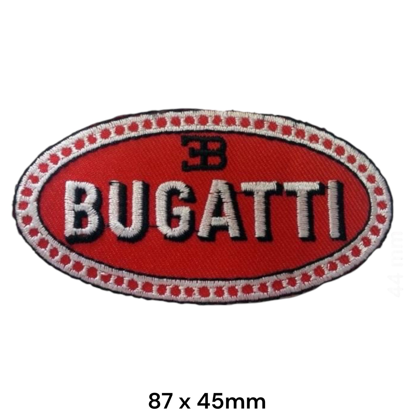 Bugatti Oval Logo Embroidered Patch 87x45mm – red oval with double-B monogram, white Bugatti lettering and white dot border