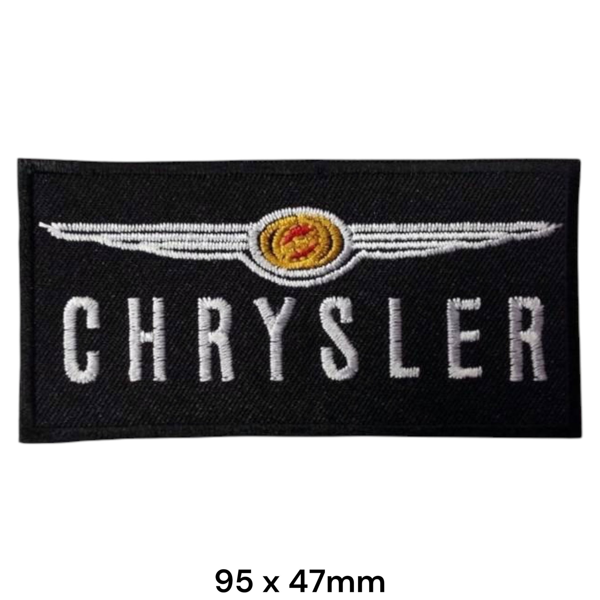 Chrysler Wings Logo Embroidered Patch 95x47mm – black background with silver wings, gold & red centre emblem and white Chrysler lettering