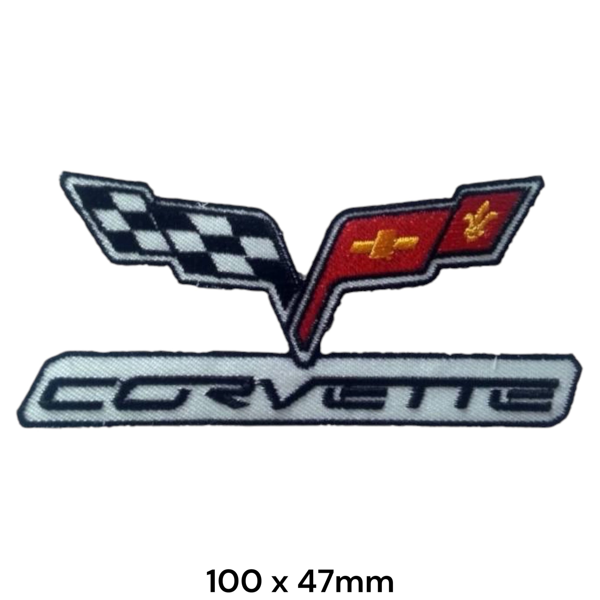Corvette Cross Flags Embroidered Patch 100x47mm – chequered & red Corvette crossed flags with gold details above white Corvette script banner