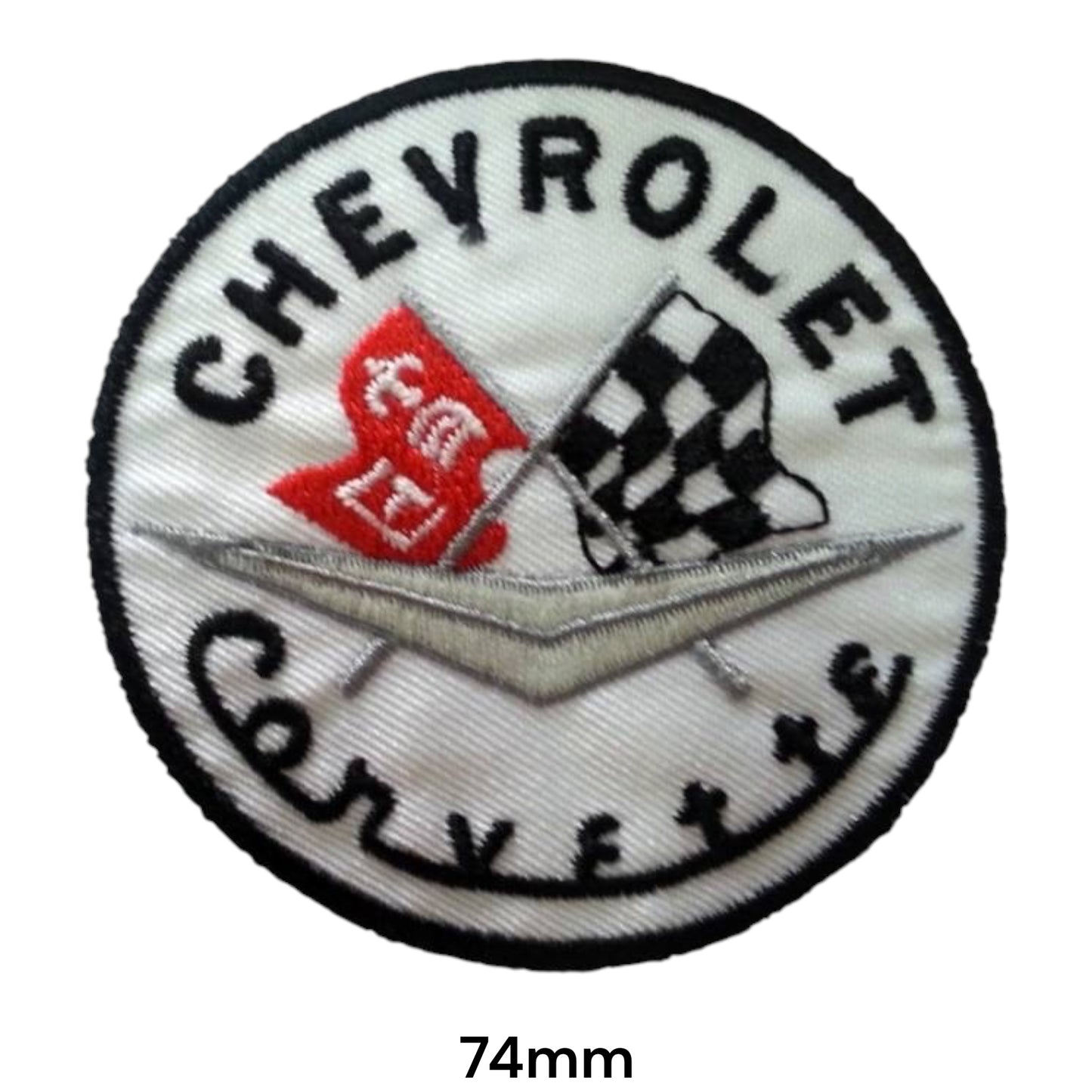 Chevrolet Corvette Round Embroidered Patch 74mm – white round badge with black Chevrolet & Corvette lettering, crossed flags and silver V-emblem