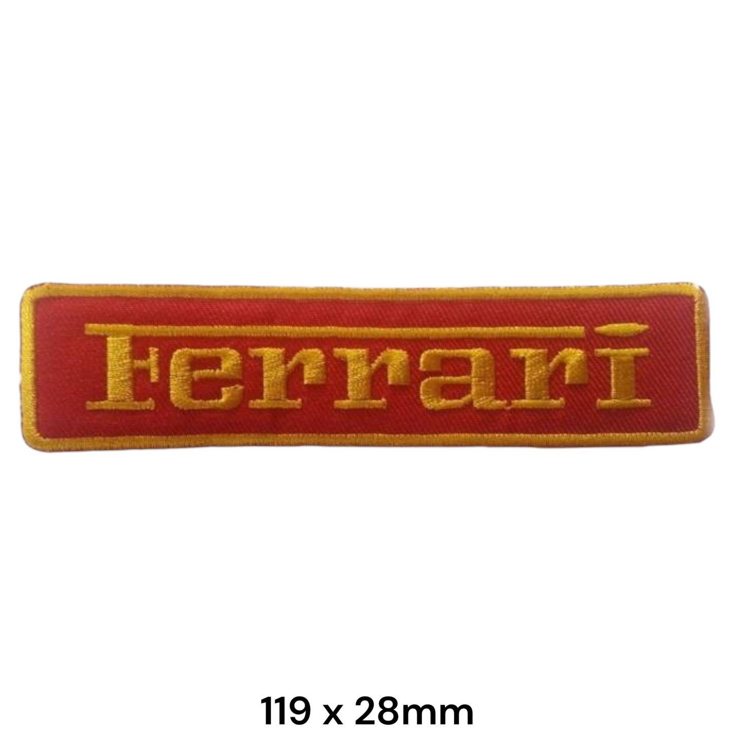 Ferrari Logo Strip Embroidered Patch 119x28mm – red rectangular badge with gold Ferrari script lettering and gold border