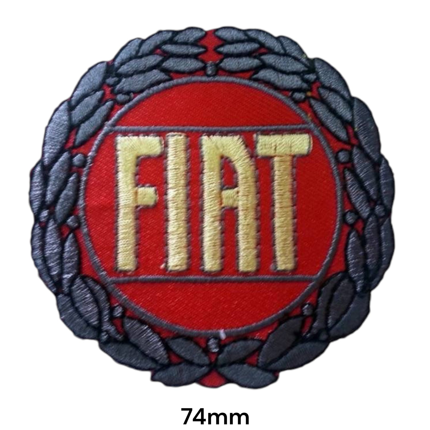 Fiat Classic Laurel Wreath Embroidered Patch 74mm – round red badge with gold FIAT lettering surrounded by dark grey laurel wreath