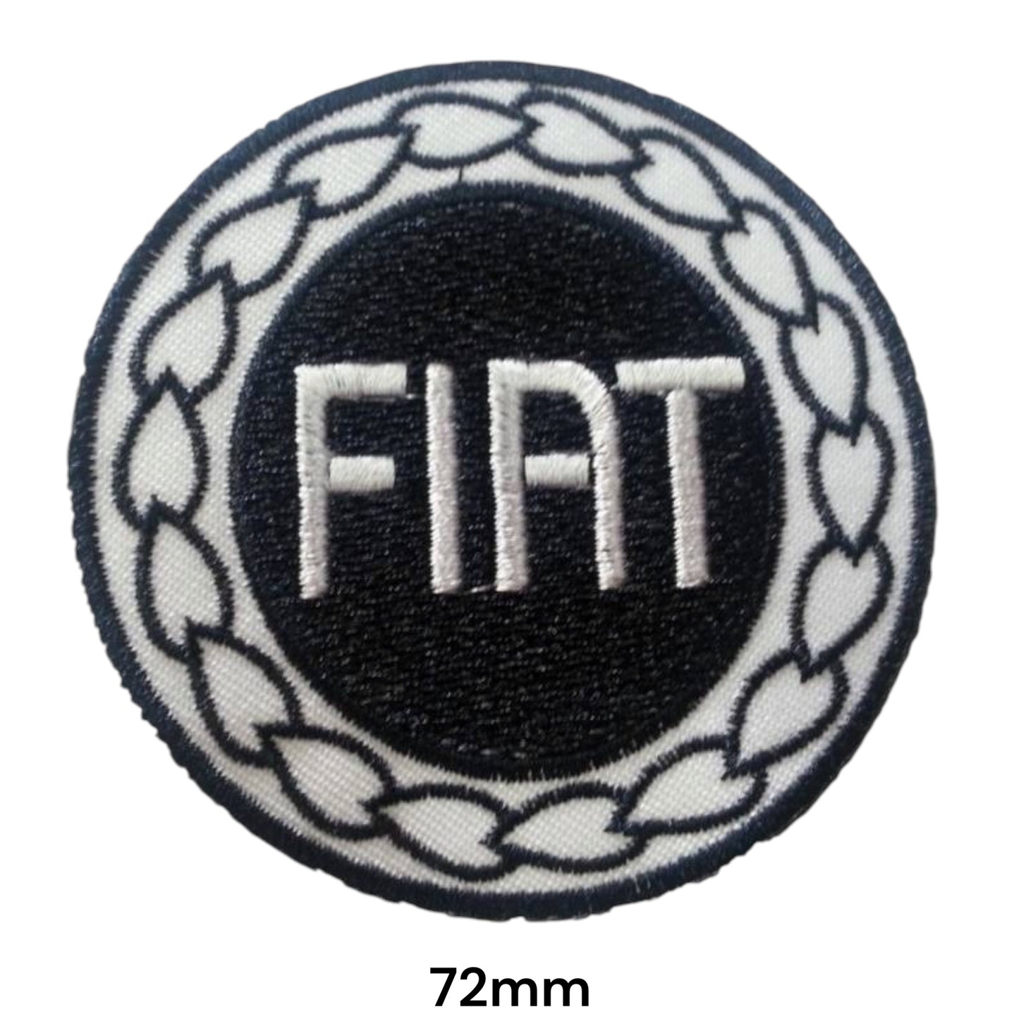 Fiat Laurel Wreath Black & White Embroidered Patch 72mm – round black badge with white FIAT lettering and white laurel wreath surround