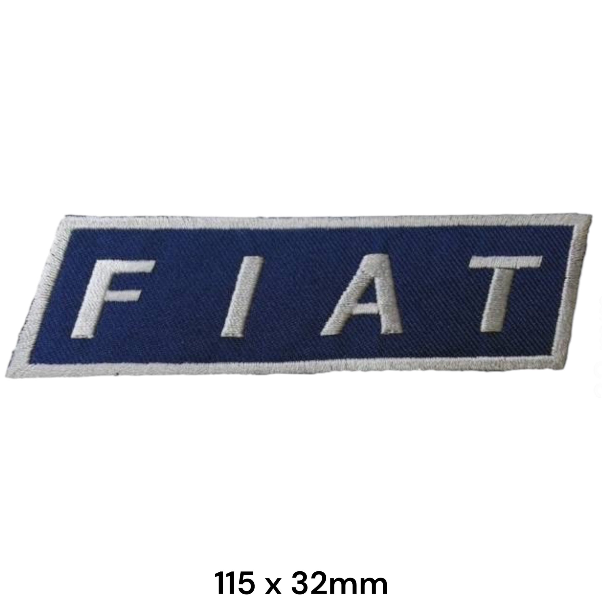 Fiat Blue Strip Logo Embroidered Patch 115x32mm – rectangular navy blue badge with spaced white F I A T lettering and white border