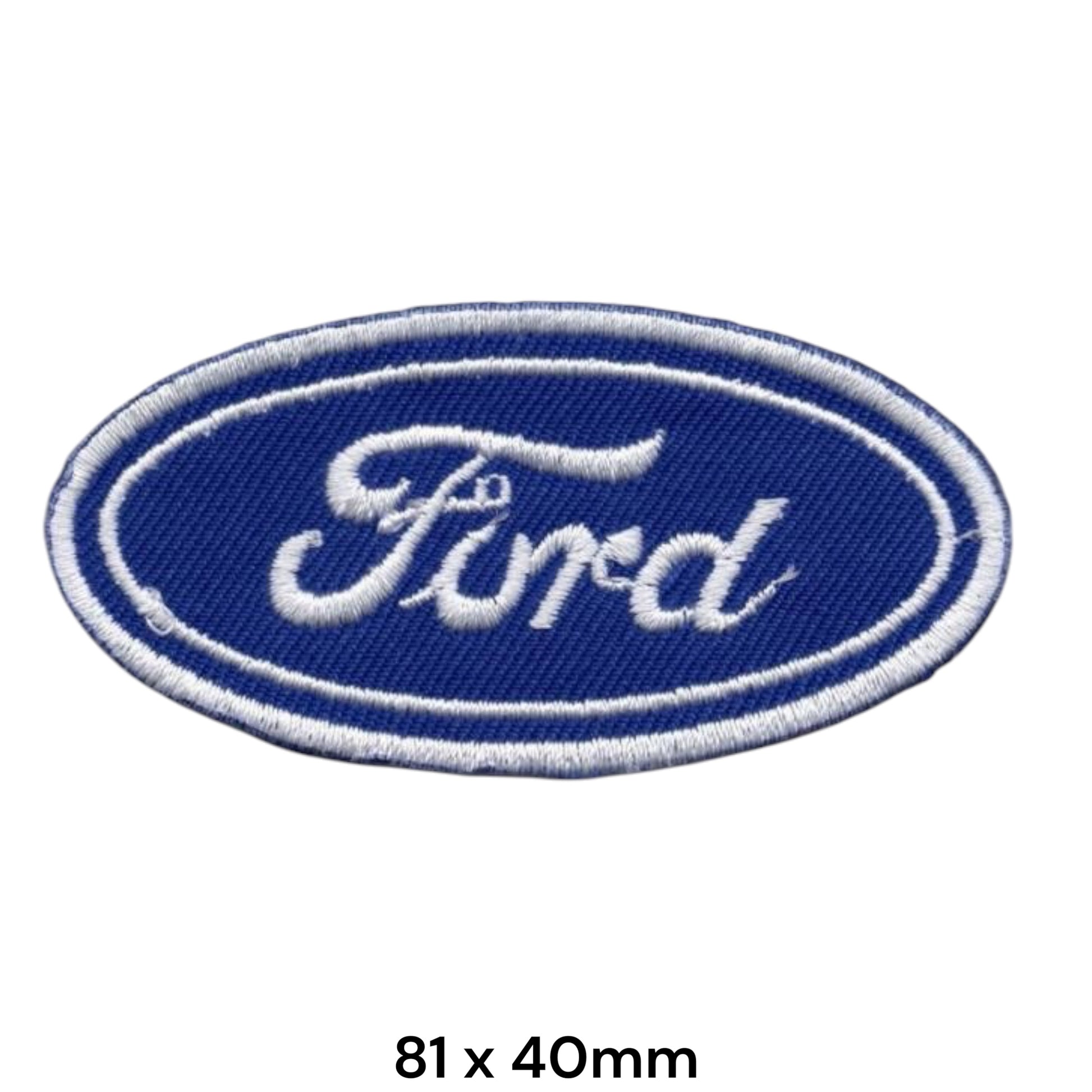 Ford Oval Logo Embroidered Patch 81x40mm – blue oval badge with white Ford script lettering and white double-ring border