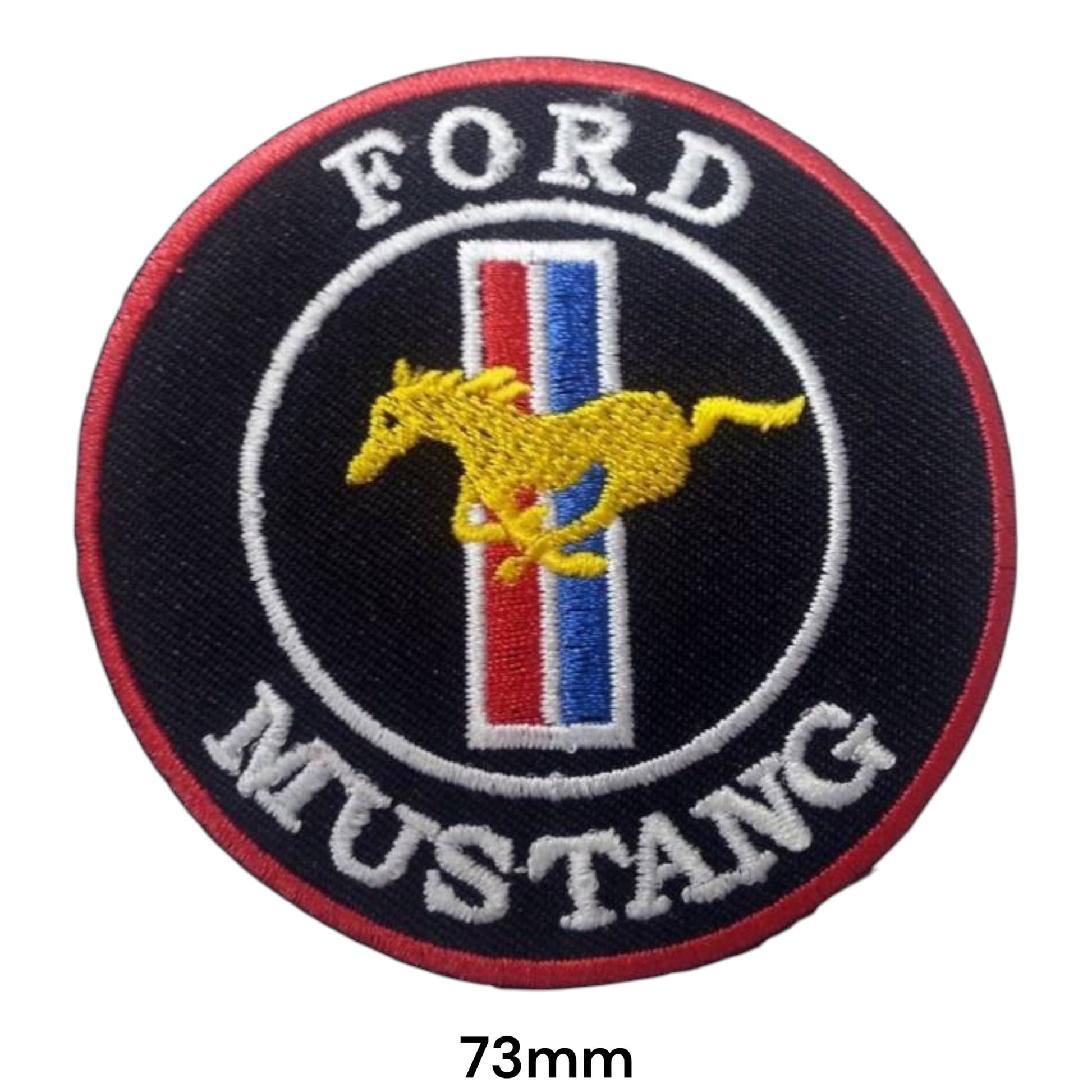 Ford Mustang Round Embroidered Patch 73mm – black round badge with white Ford & Mustang lettering, yellow running pony, red/white/blue tri-bar and red border