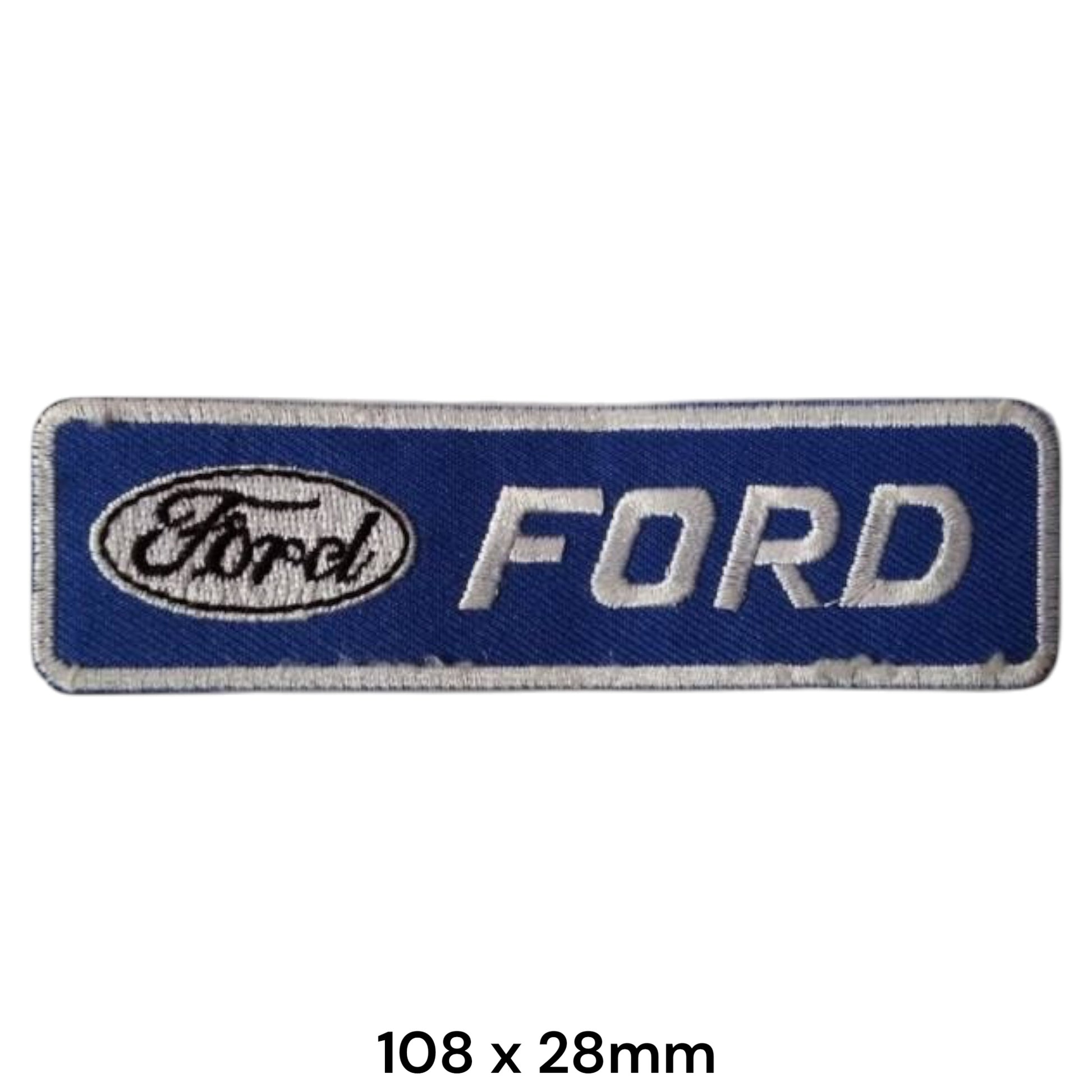 Ford Strip Logo Embroidered Patch 108x28mm – rectangular blue badge with white Ford oval script logo and bold white FORD block lettering