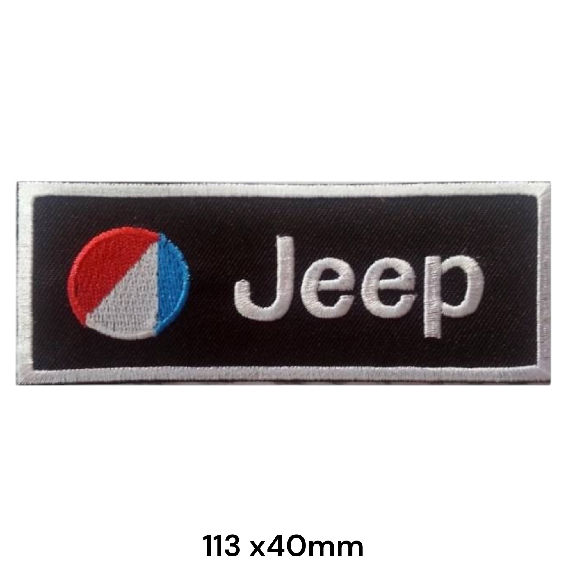 Jeep Strip Logo Embroidered Patch 113x40mm – black rectangular badge with red/white/blue Jeep circle emblem and white Jeep script lettering, silver border