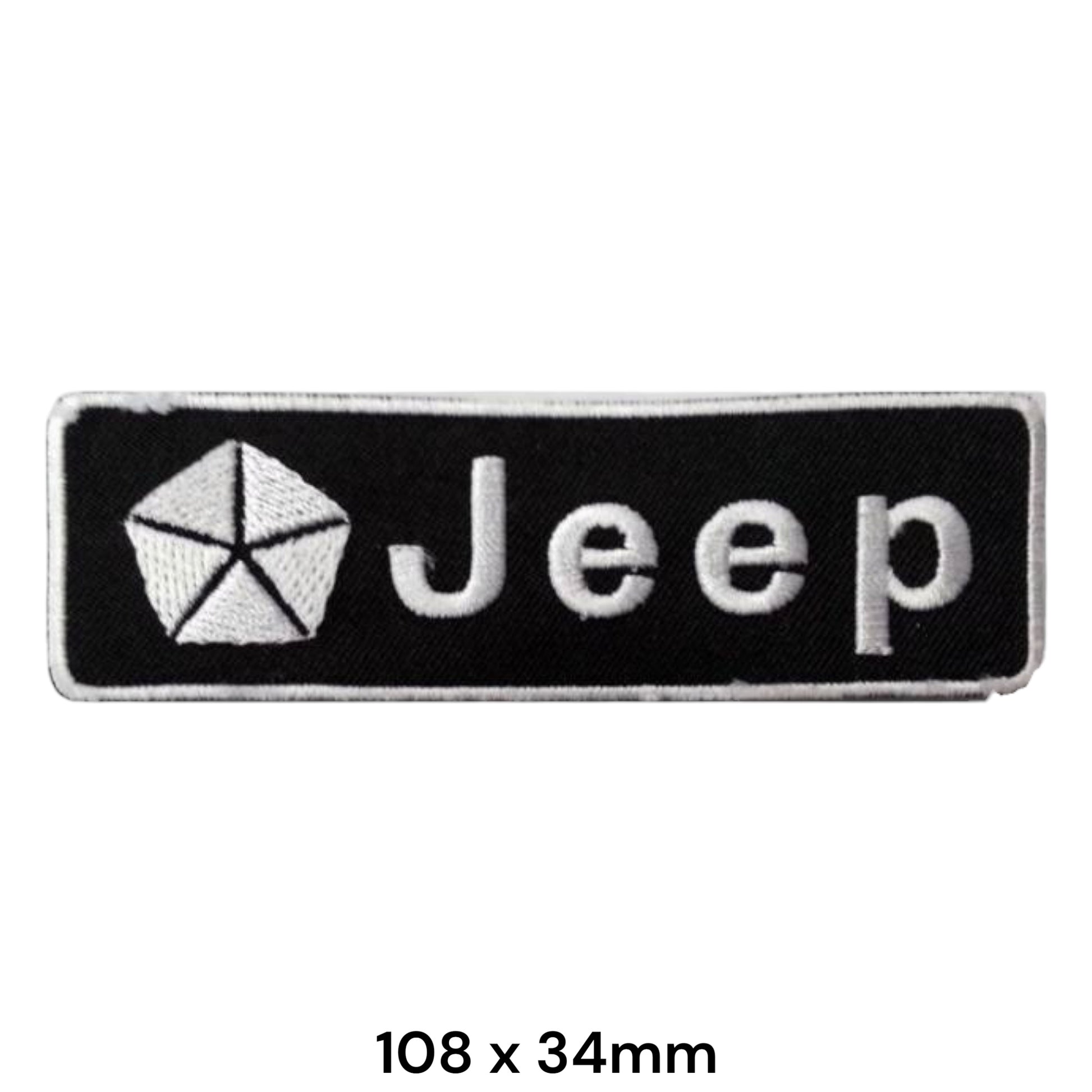 Jeep Pentastar Black & White Strip Embroidered Patch 108x34mm – black rectangular badge with white Pentastar logo and white Jeep script lettering, silver border