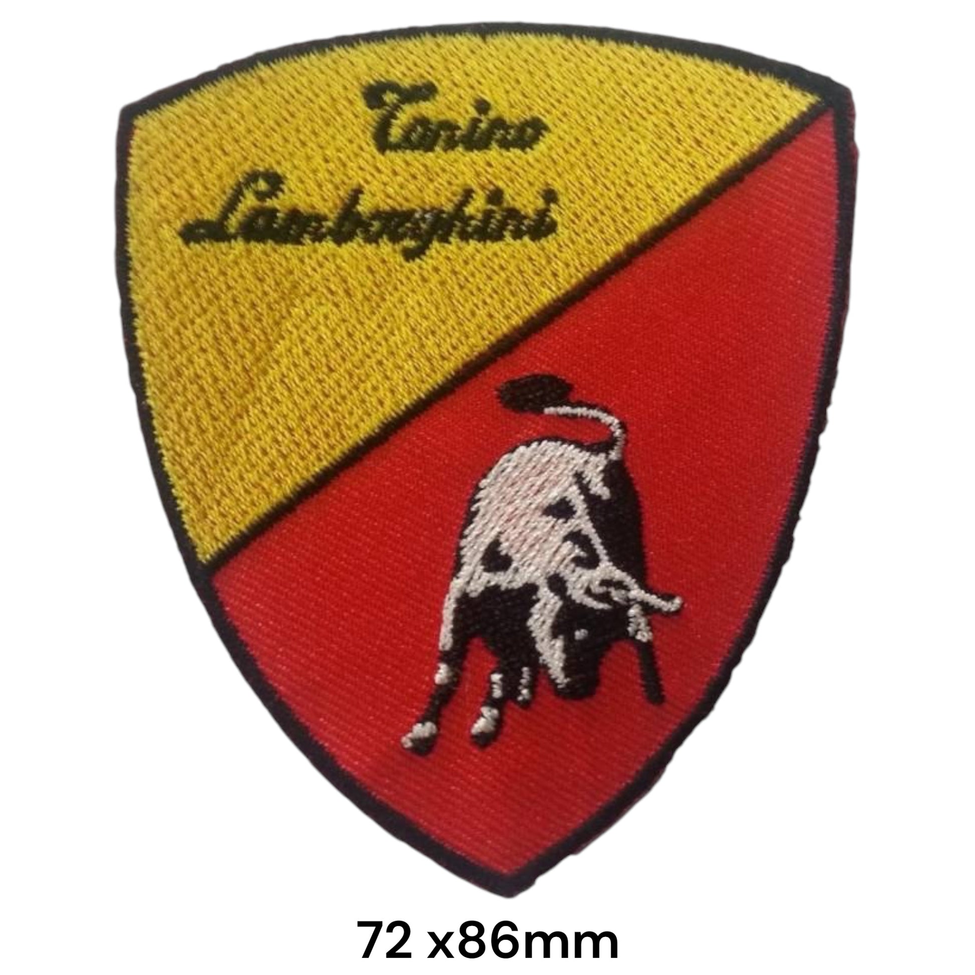 Tonino Lamborghini Crest Shield Embroidered Patch 72x86mm – yellow & red diagonal shield with black Torino Lamborghini script and black/white charging bull