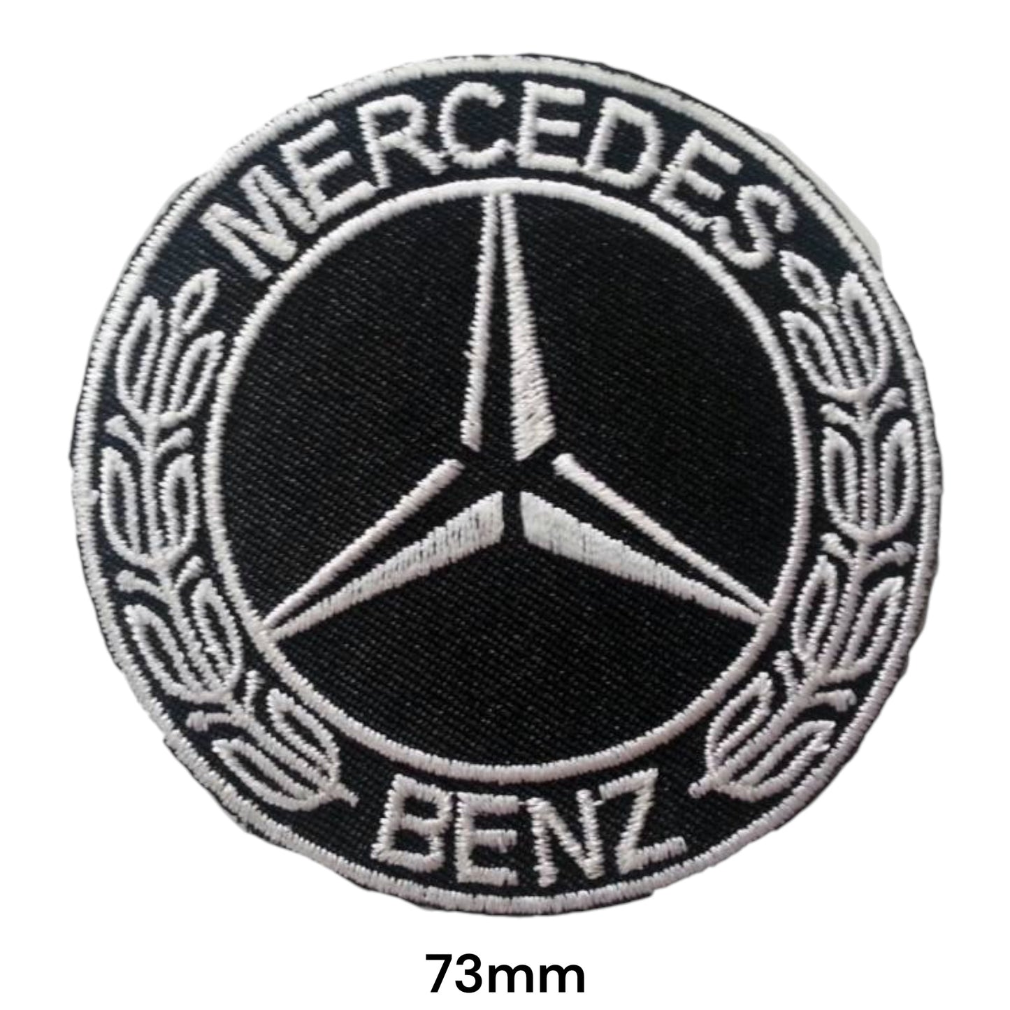 Mercedes-Benz Star Laurel Wreath Round Embroidered Patch 73mm – black round badge with white Mercedes & Benz lettering, three-pointed star and white laurel wreath
