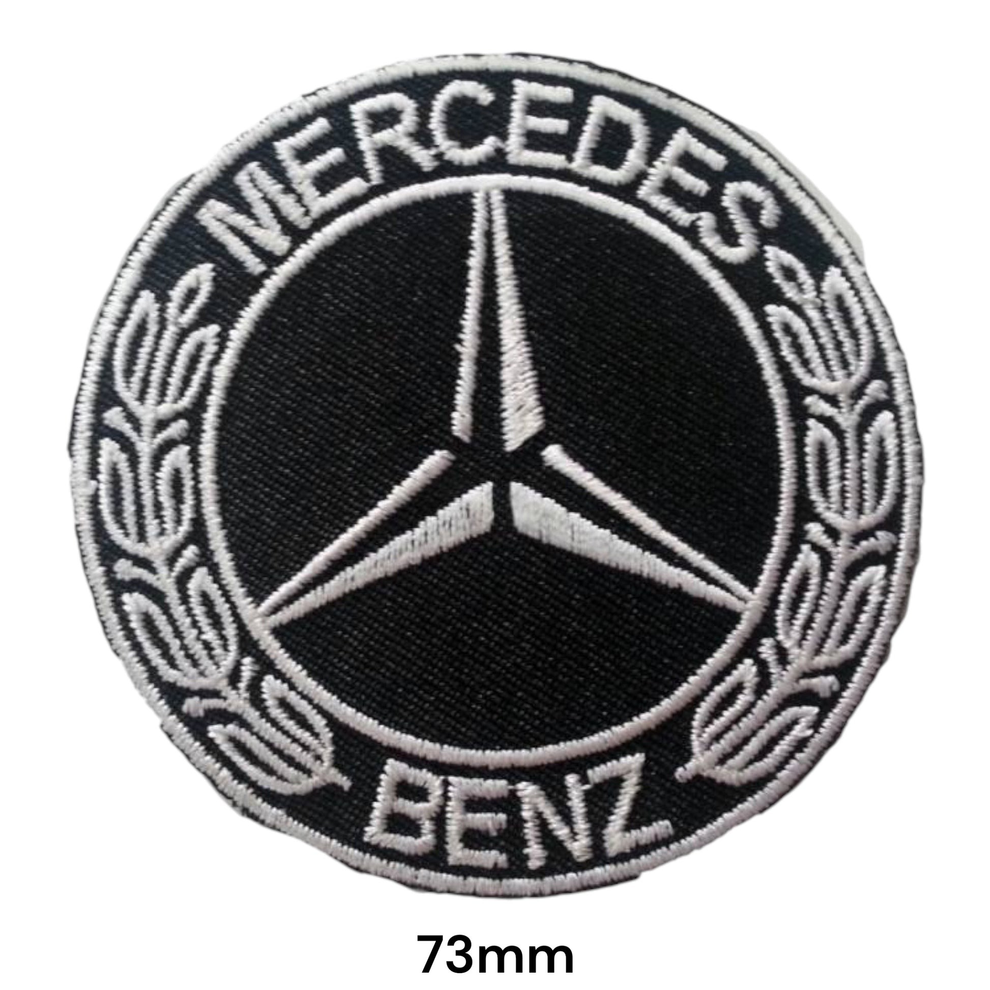 Mercedes-Benz Star Laurel Wreath Round Embroidered Patch 73mm – black round badge with white Mercedes & Benz lettering, three-pointed star and white laurel wreath