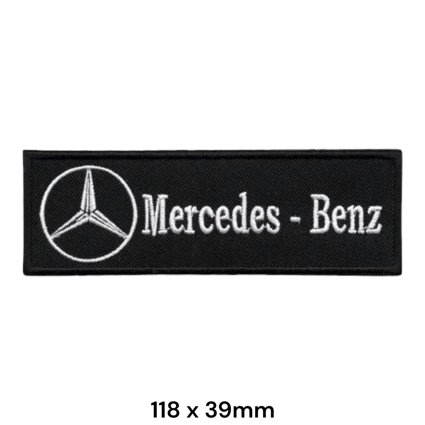 Mercedes-Benz Strip Logo Embroidered Patch 118x39mm – black rectangular badge with white three-pointed star circle logo and white Mercedes - Benz serif lettering