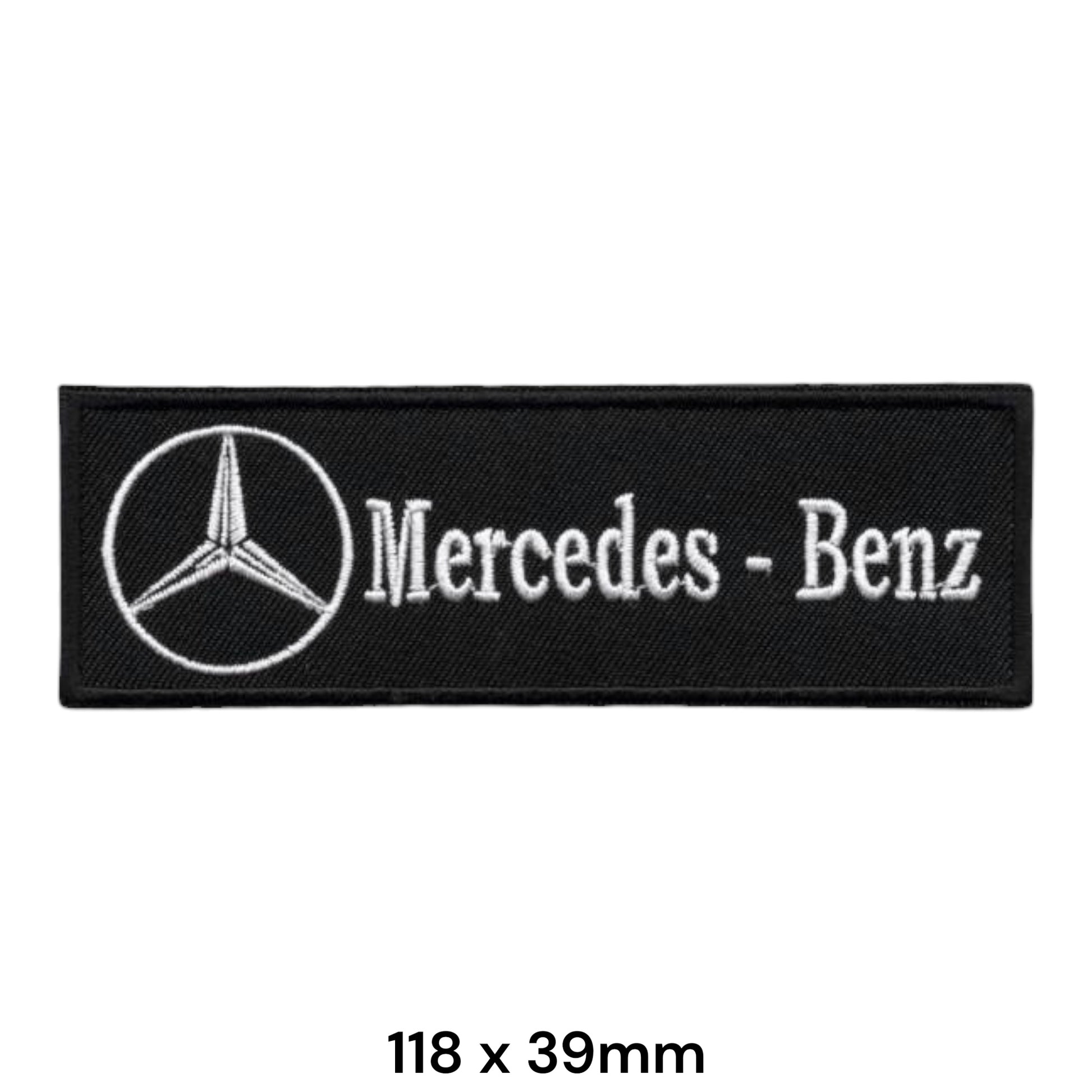 Mercedes-Benz Strip Logo Embroidered Patch 118x39mm – black rectangular badge with white three-pointed star circle logo and white Mercedes - Benz serif lettering