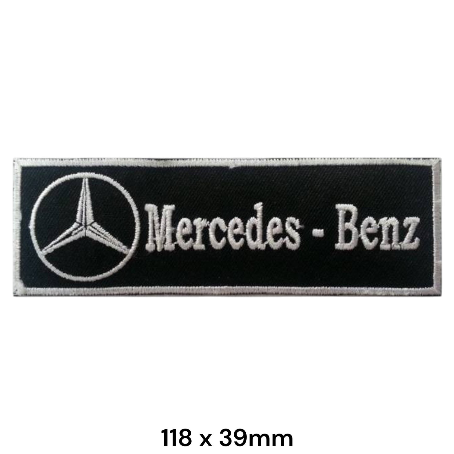 Mercedes-Benz Strip Silver Border Embroidered Patch 118x39mm – black rectangular badge with silver three-pointed star circle logo, silver Mercedes - Benz script lettering and silver border