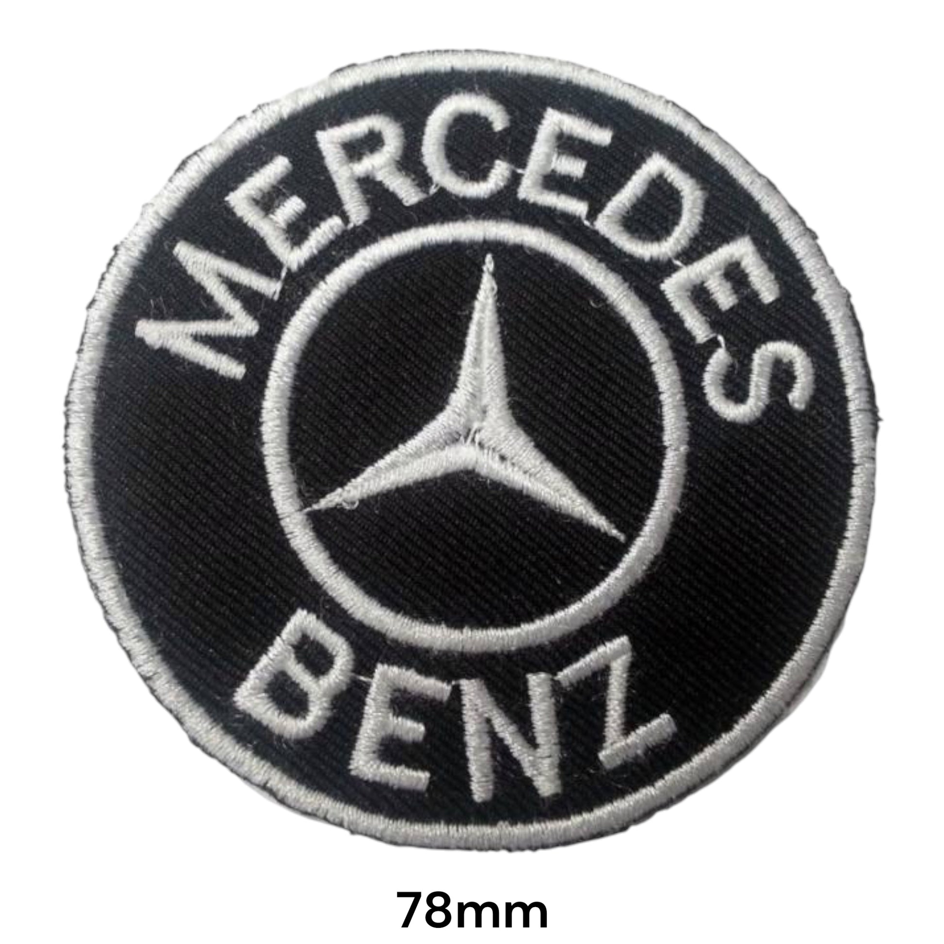 Mercedes-Benz Star Round Black & Silver Embroidered Patch 78mm – round black badge with silver Mercedes & Benz lettering, three-pointed star in circle and silver border